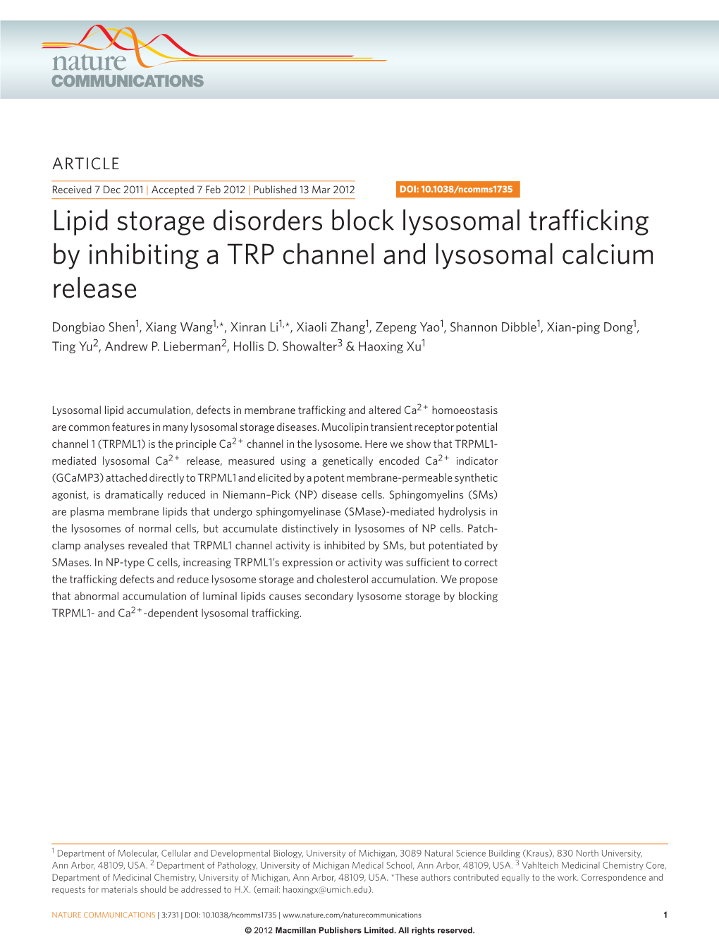 Lipid Storage Disorders Block Lysosomal Trafficking by Inhibiting a TRP Channel and Lysosomal Calcium Release