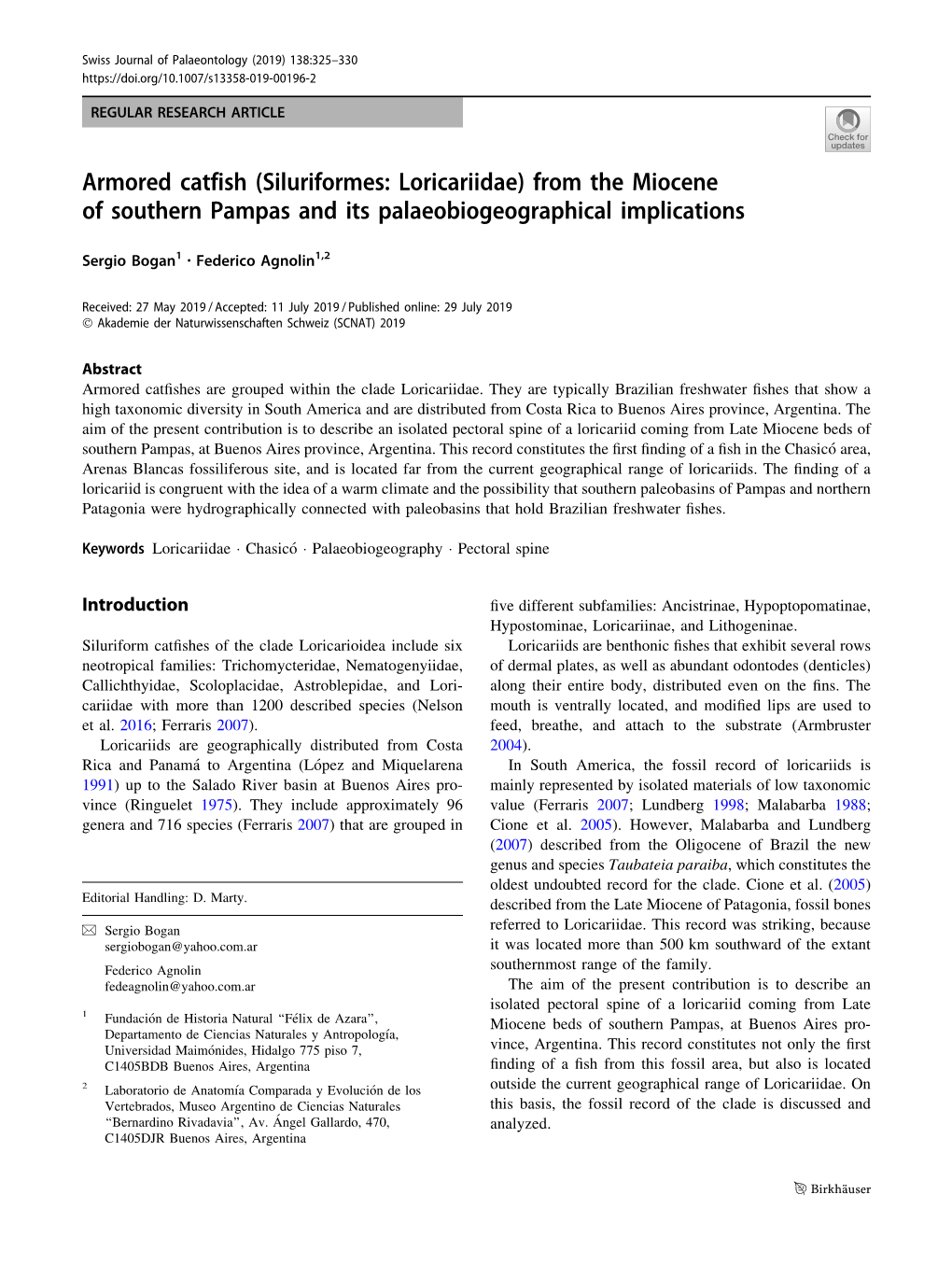 Armored Catfish (Siluriformes: Loricariidae) from the Miocene of Southern Pampas and Its Palaeobiogeographical Implications