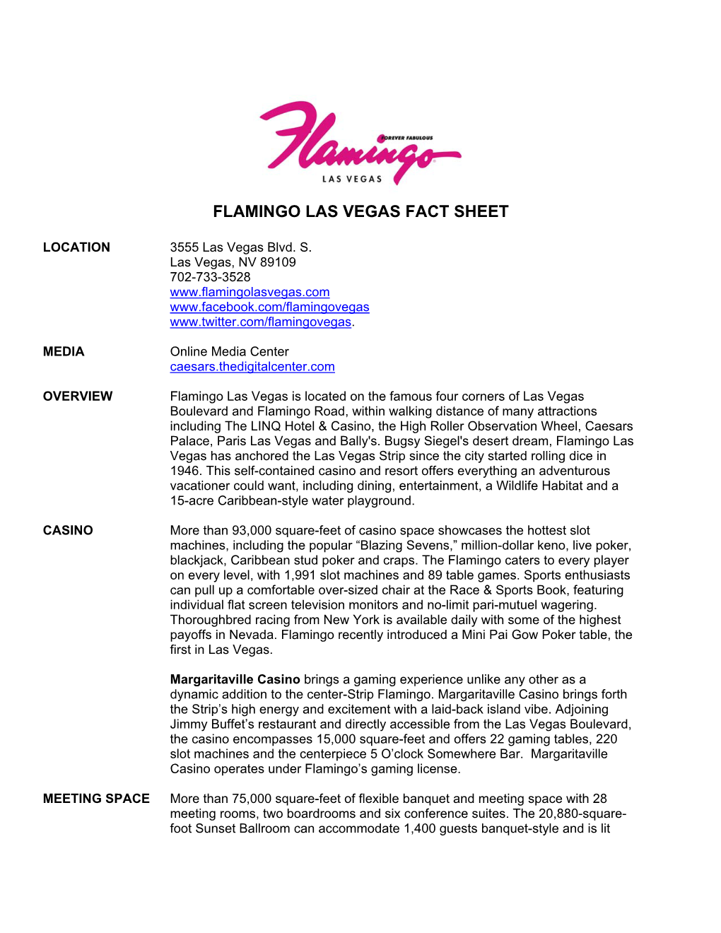 Flamingo Las Vegas Fact Sheet