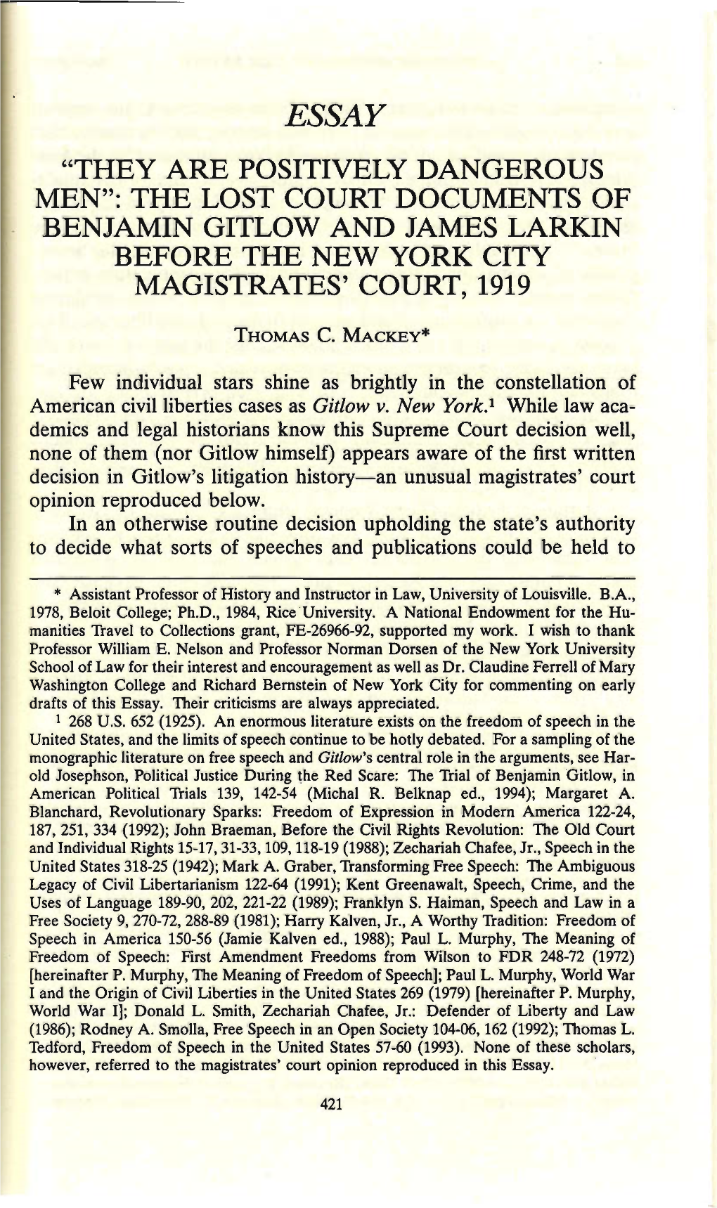 The Lost Court Documents of Benjamin Gitlow and James Larkin Before the New York City Magistrates' Court, 1919