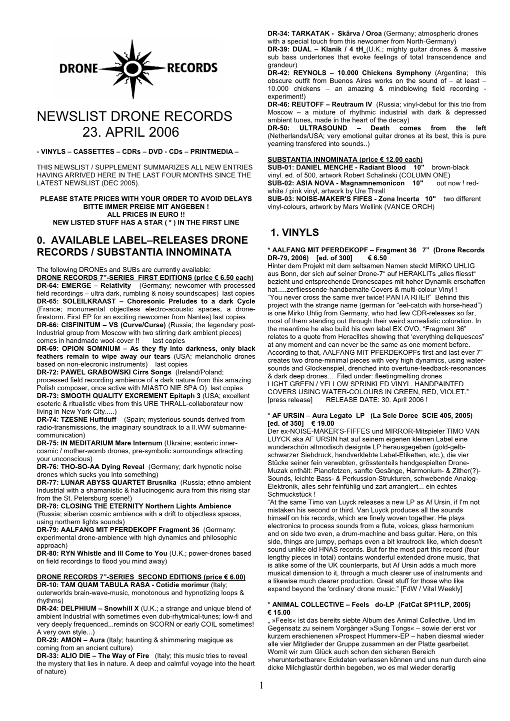 Newslist Drone Records 23. April 2006