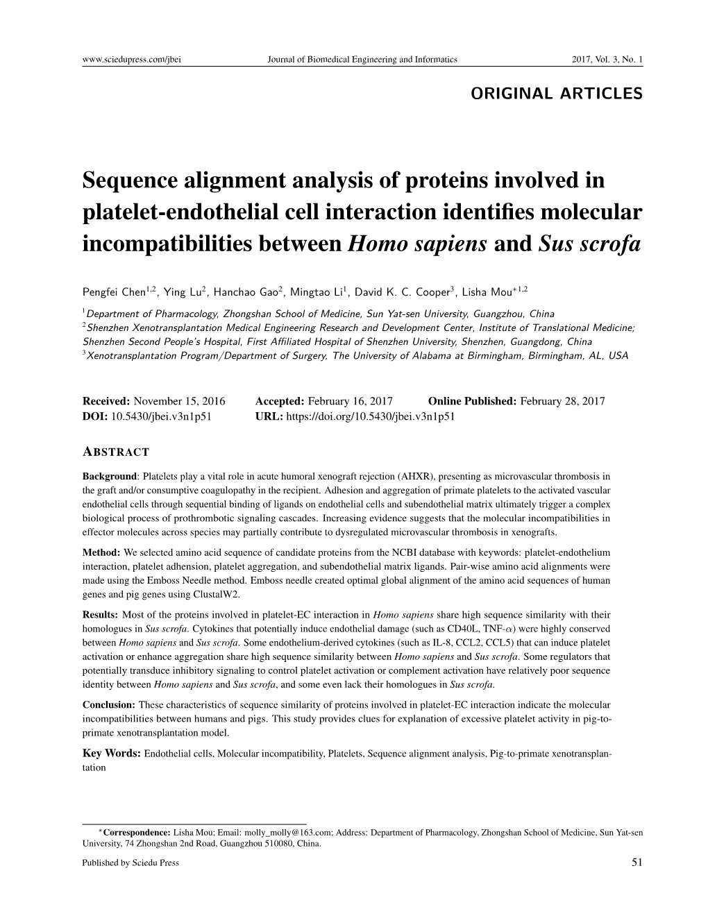 Sequence Alignment Analysis of Proteins Involved in Platelet-Endothelial Cell Interaction Identiﬁes Molecular Incompatibilities Between Homo Sapiens and Sus Scrofa