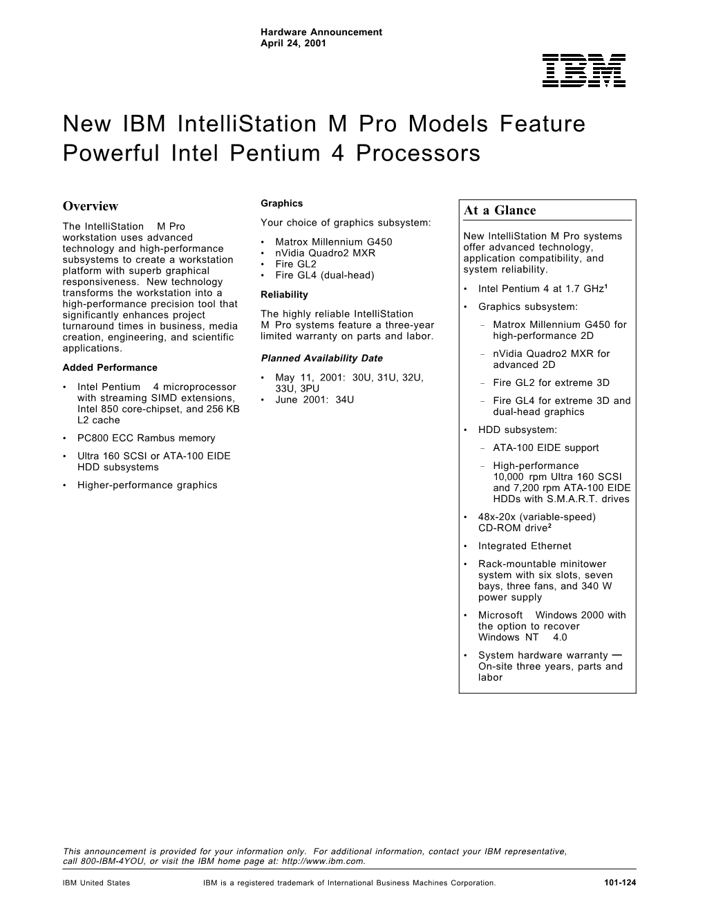 New IBM Intellistation M Pro Models Feature Powerful Intel Pentium 4 Processors