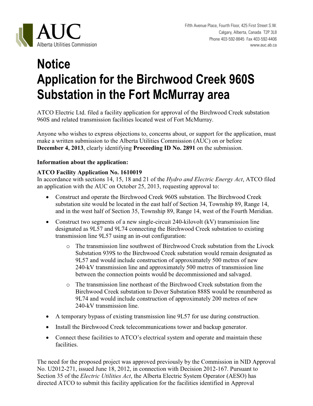 Notice Application for the Birchwood Creek 960S Substation in the Fort Mcmurray Area