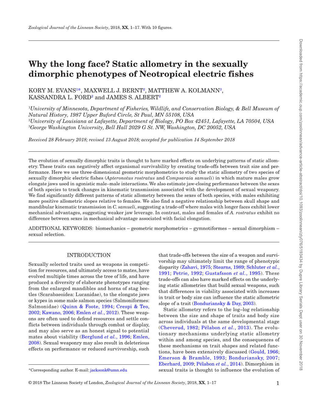 Why the Long Face? Static Allometry in the Sexually Dimorphic Phenotypes of Neotropical Electric Fishes