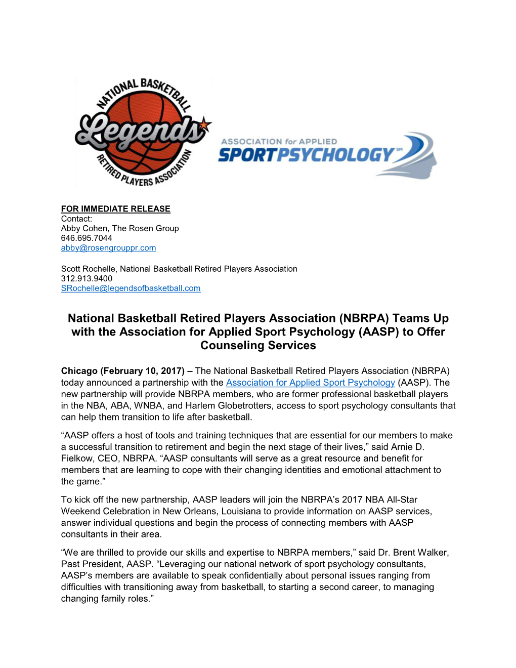 National Basketball Retired Players Association (NBRPA) Teams up with the Association for Applied Sport Psychology (AASP) to Offer Counseling Services