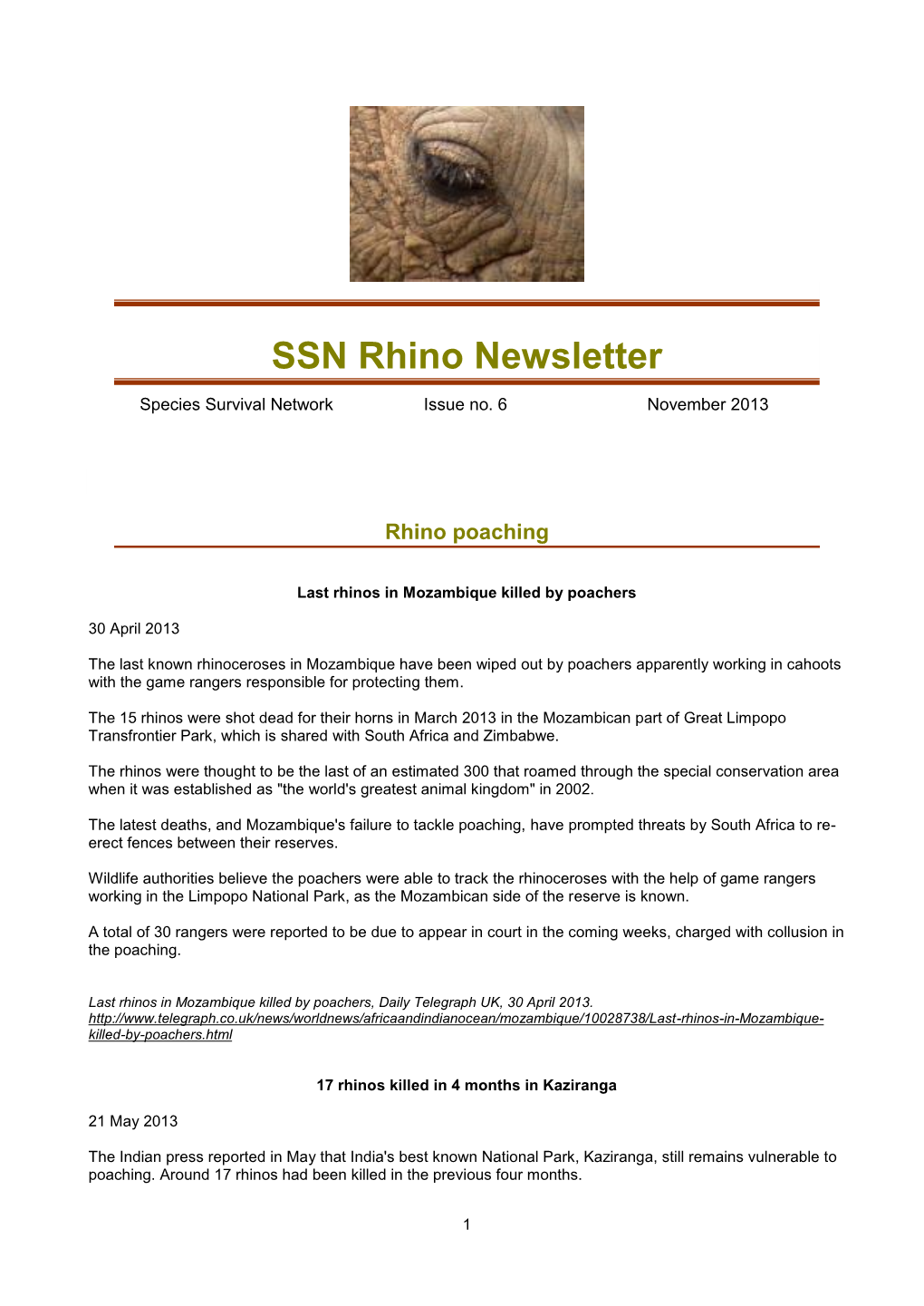 2013-November 2013 Issue of the SSN Rhino Newsletter