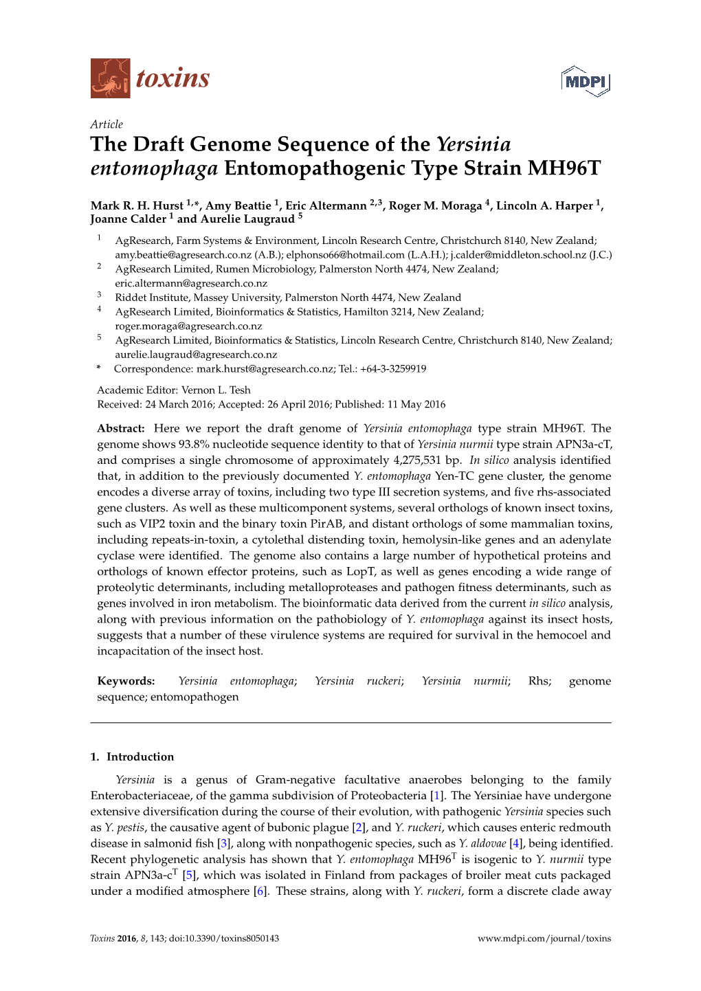 The Draft Genome Sequence of the Yersinia Entomophaga Entomopathogenic Type Strain MH96T
