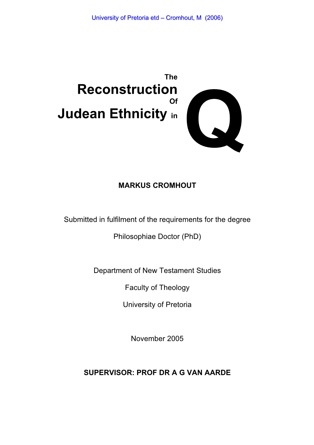 Reconstruction Judean Ethnicity In