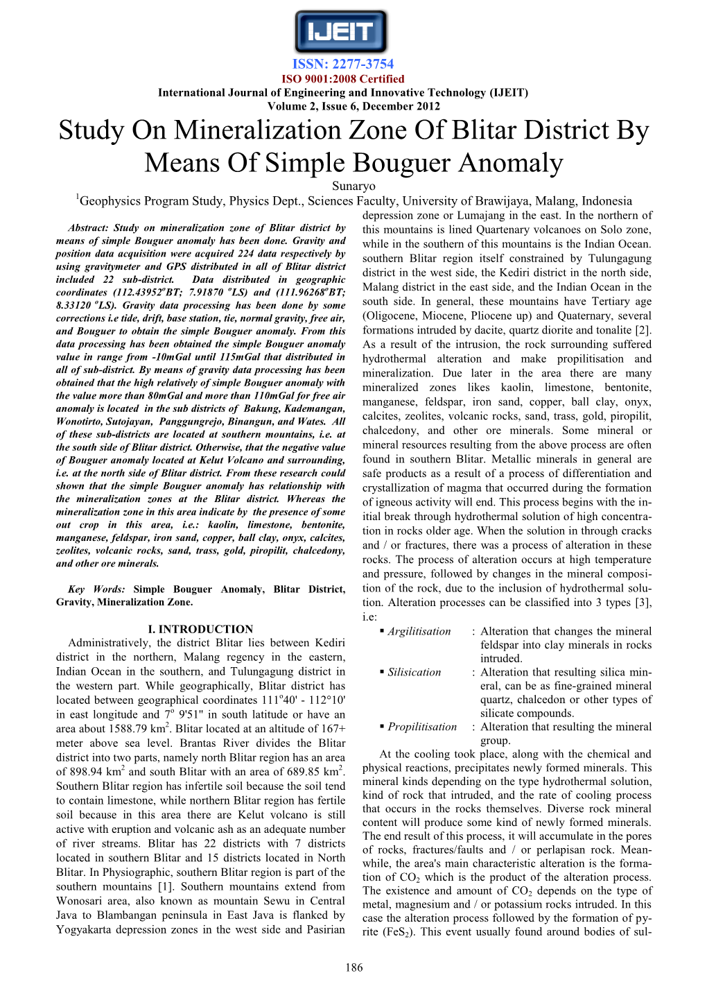 Study on Mineralization Zone of Blitar District by Means of Simple