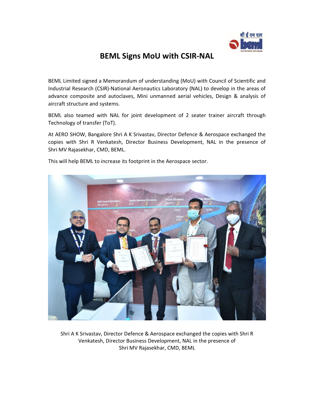 BEML Signs Mou with CSIR-NAL