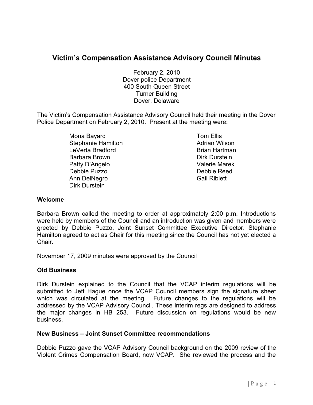 Victim S Compensation Assistance Advisory Council Minutes