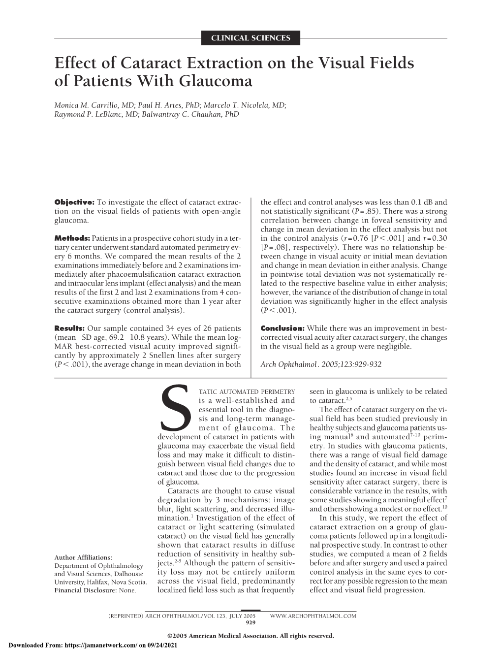 Effect of Cataract Extraction on the Visual Fields of Patients with Glaucoma