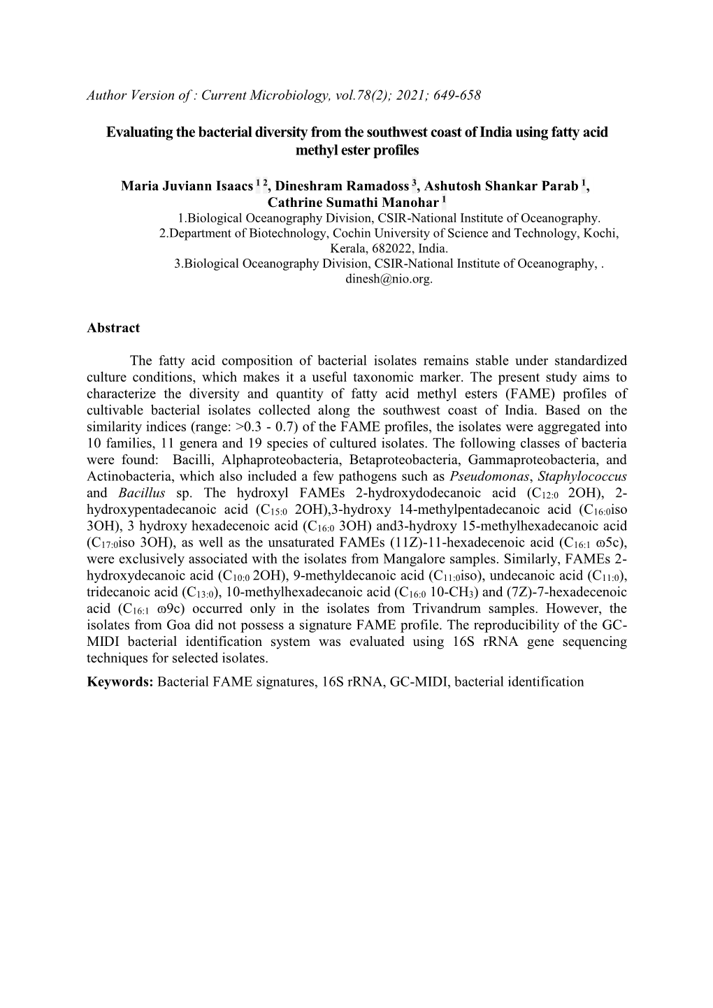 Evaluating the Bacterial Diversity from the Southwest Coast of India Using Fatty Acid Methyl Ester Profiles