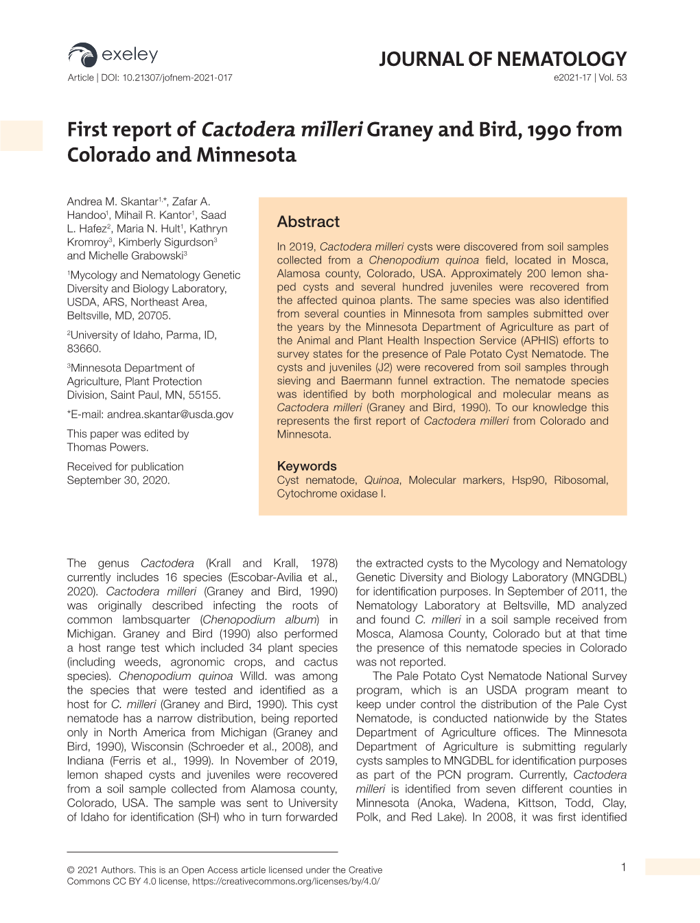 JOURNAL of NEMATOLOGY First Report of Cactodera Milleri Graney