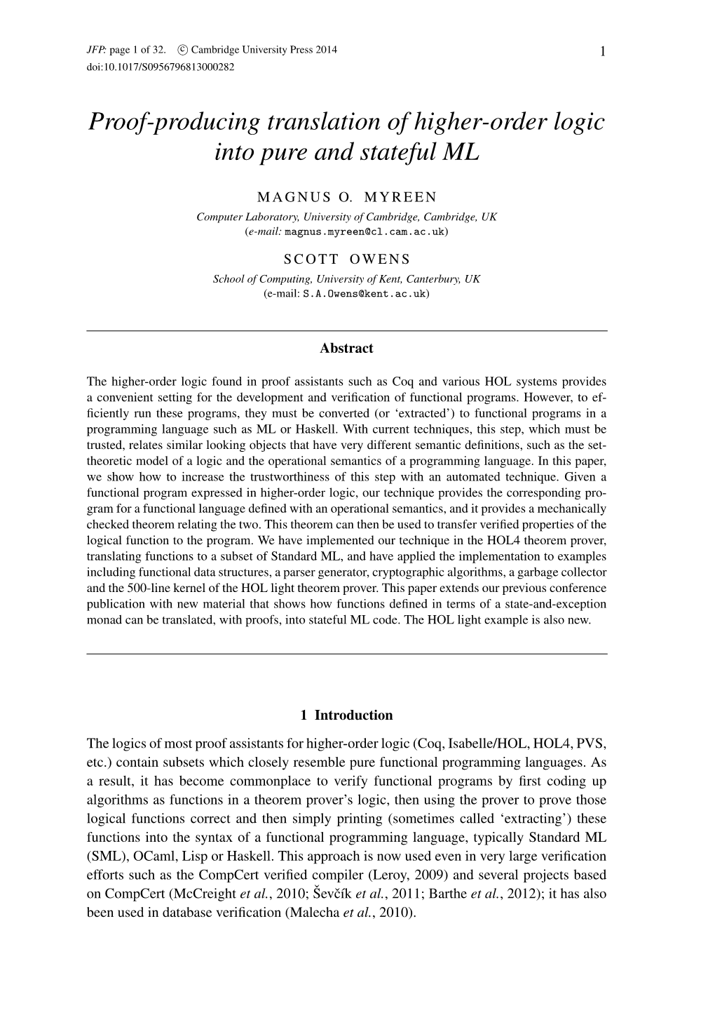 Proof-Producing Translation of Higher-Order Logic Into Pure and Stateful ML