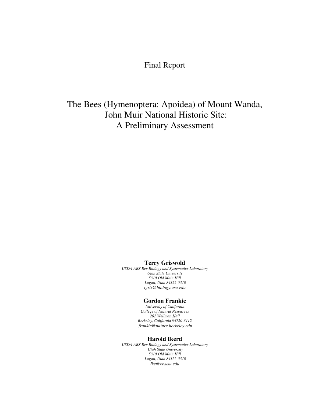 The Bees (Hymenoptera: Apoidea) of Mount Wanda, John Muir National Historic Site: a Preliminary Assessment