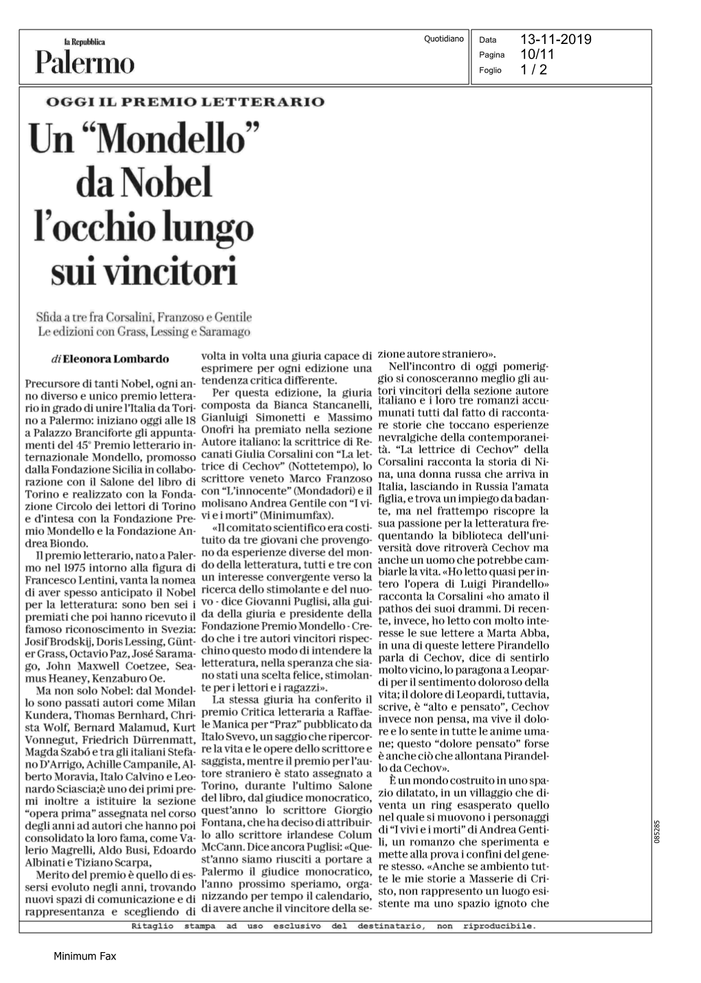 "Mondello" Da Nobel L'occhio Lungo Sui Vincitori