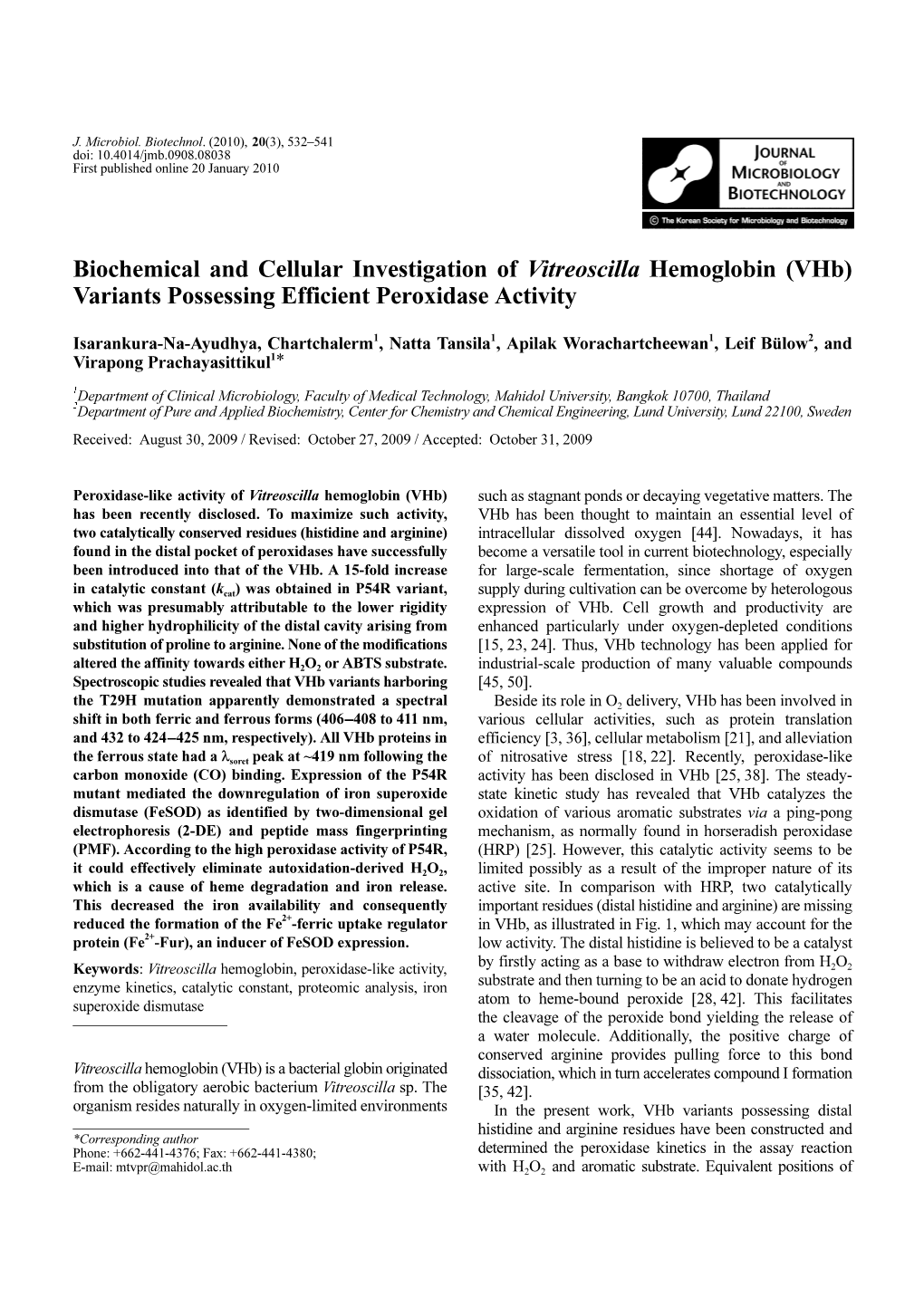 Biochemical and Cellular Investigation of Vitreoscilla Hemoglobin (Vhb) Variants Possessing Efficient Peroxidase Activity