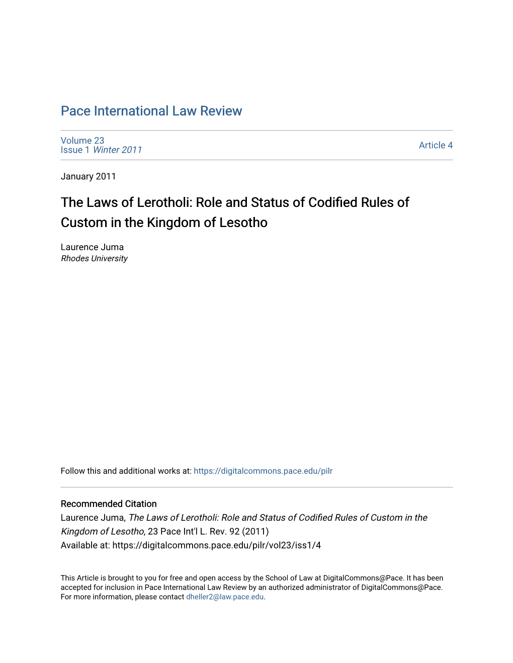 The Laws of Lerotholi: Role and Status of Codified Rules of Custom in the Kingdom of Lesotho