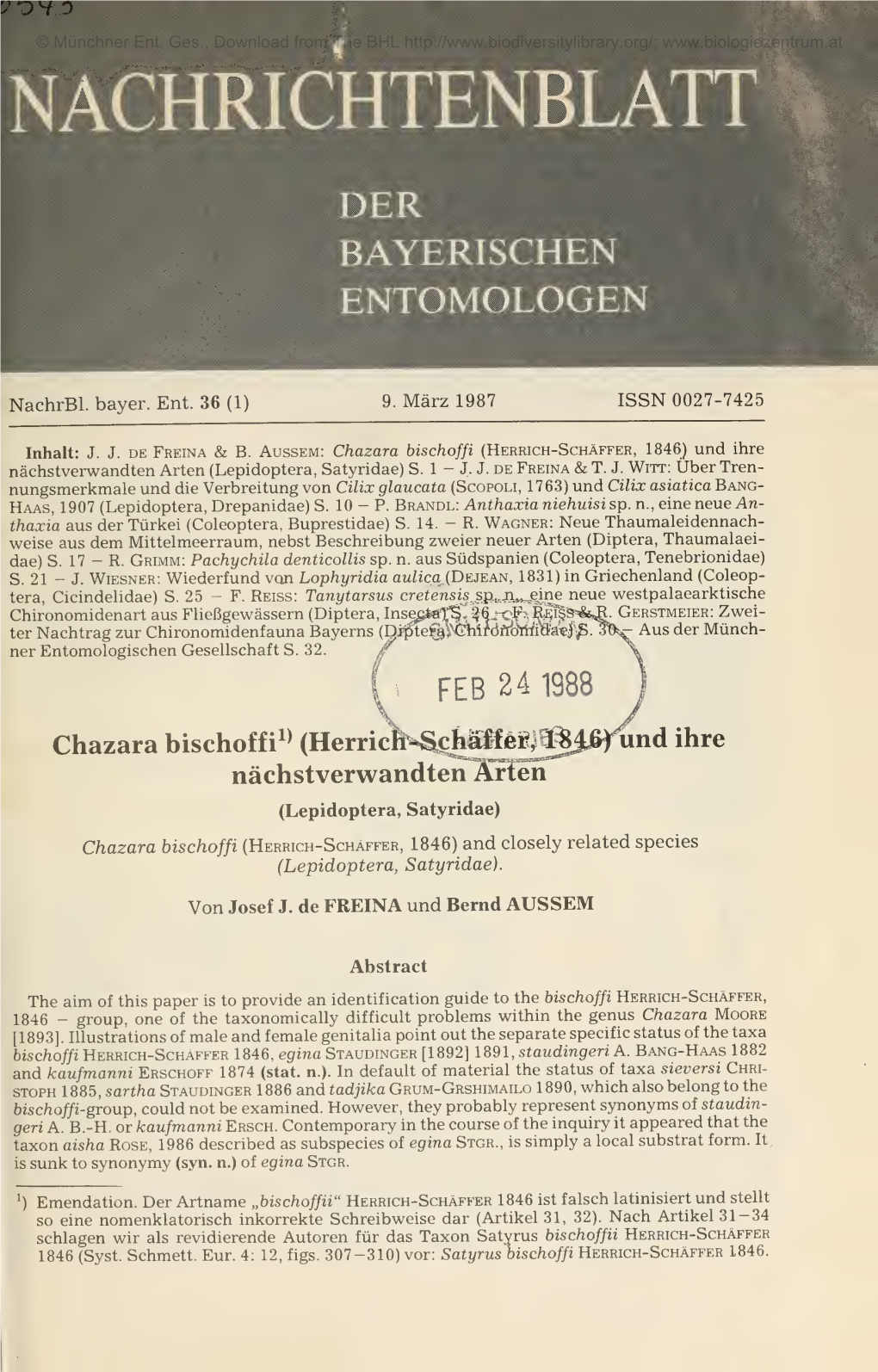 Chazara Bischoffi (Herrich-Schäffer, 1846) Und Ihre Nächstverwandten Arten (Lepidoptera, Satyridae) S