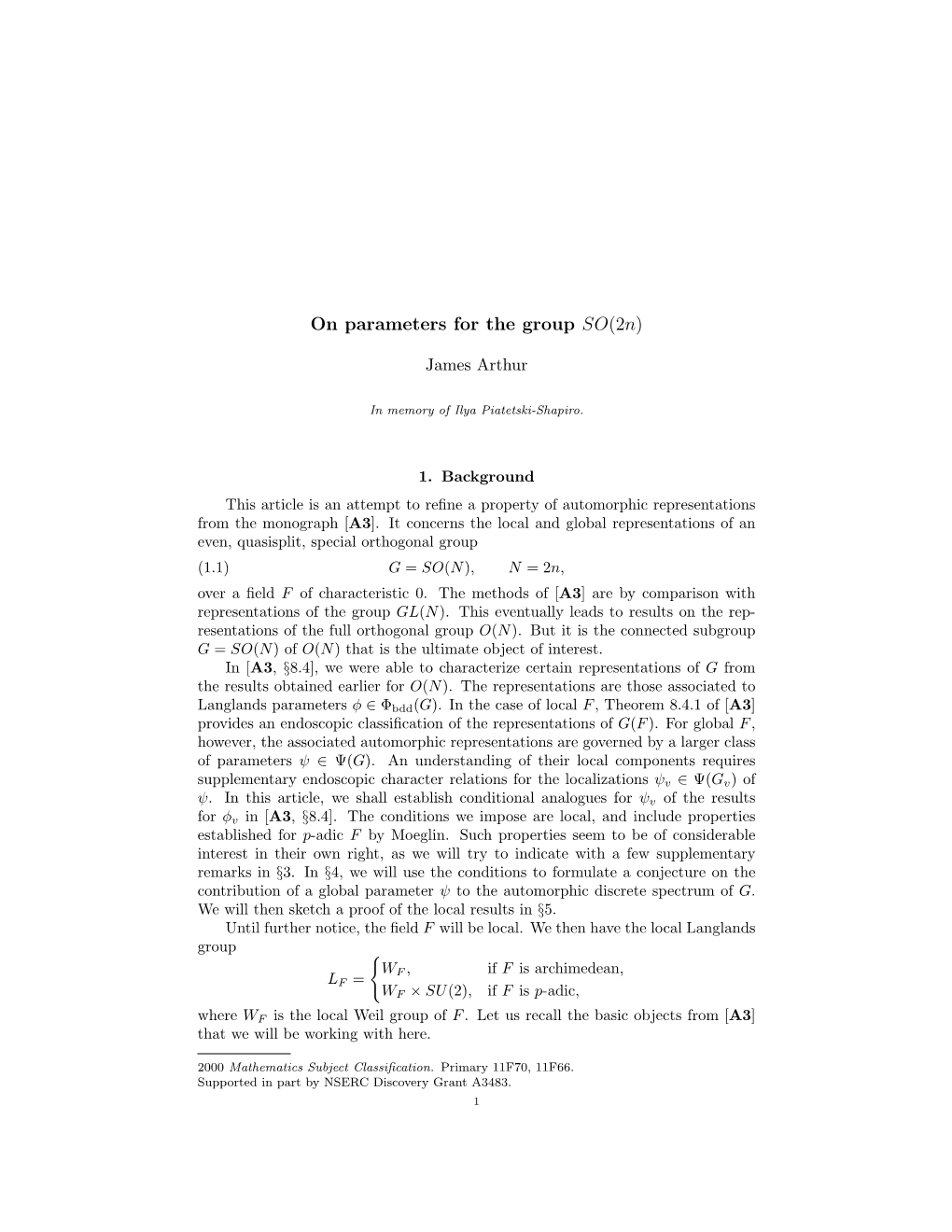 On Parameters for the Group SO(2N)