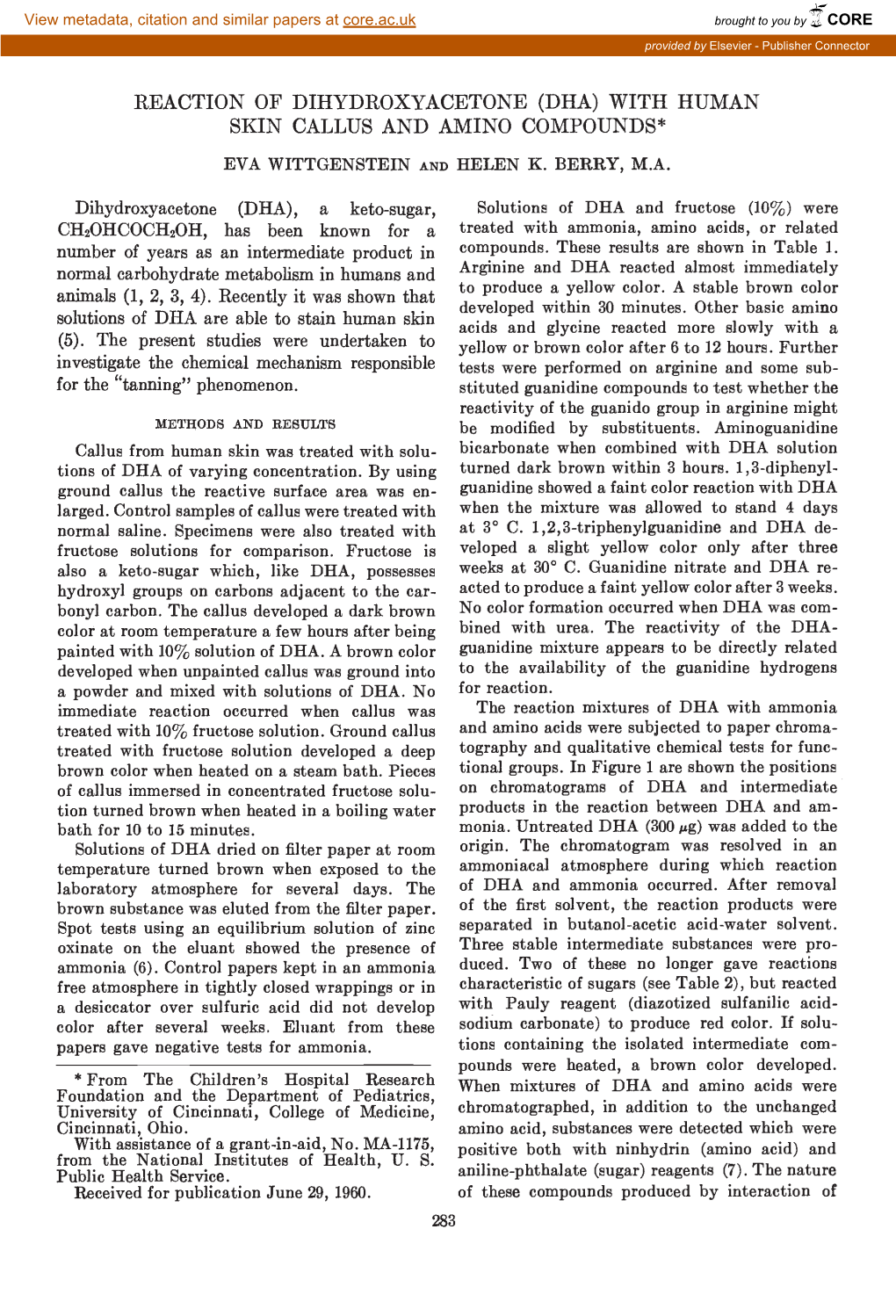 Reaction of Dihydroxyacetone (Dha) with Human Skin Callus and Amino Compounds* Eva Wittgenstein and Helen K