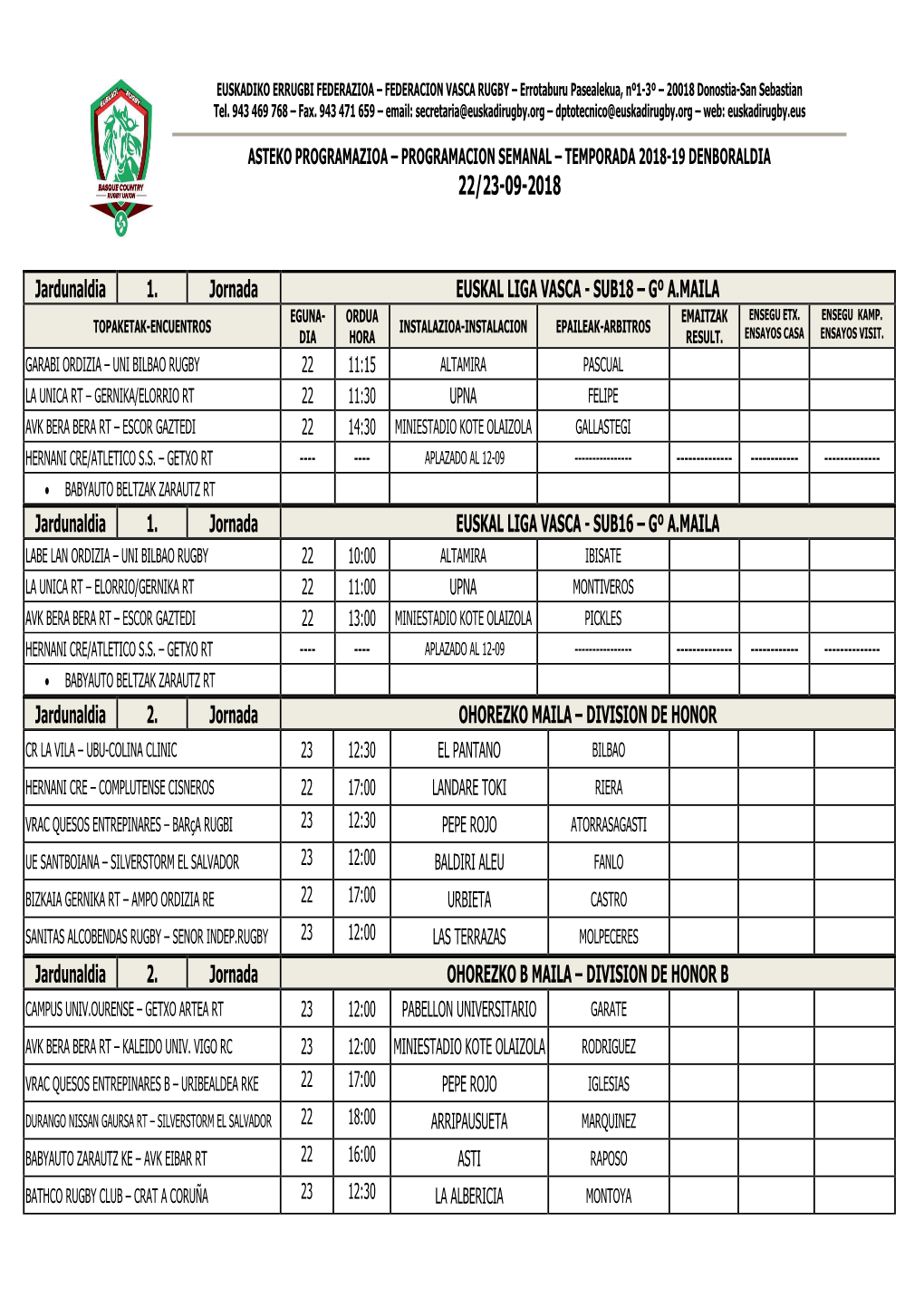 SUB18 – Gº A.MAILA Jardunaldia 1. Jornada EUSKAL