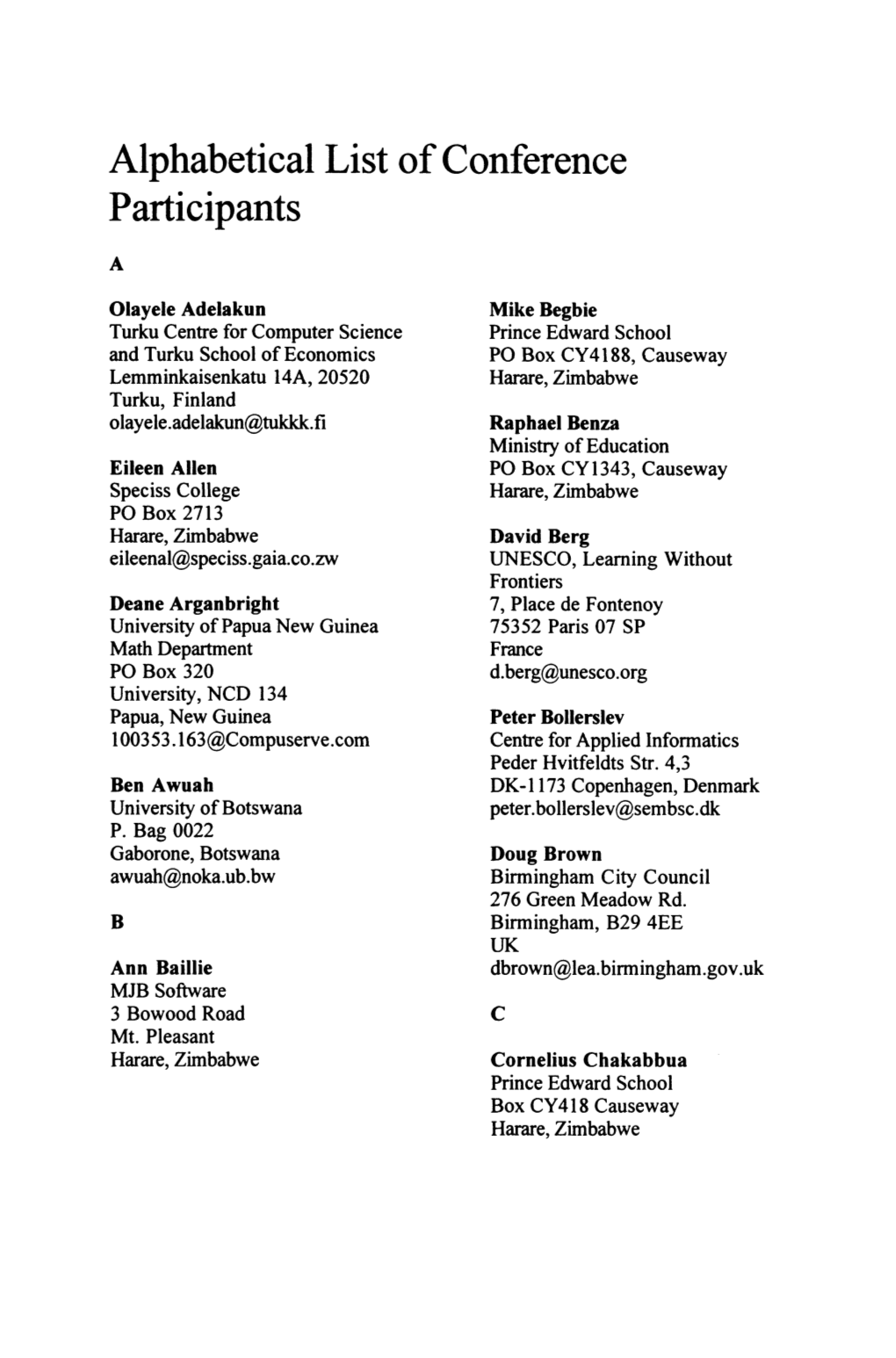 Alphabetical List of Conference Participants
