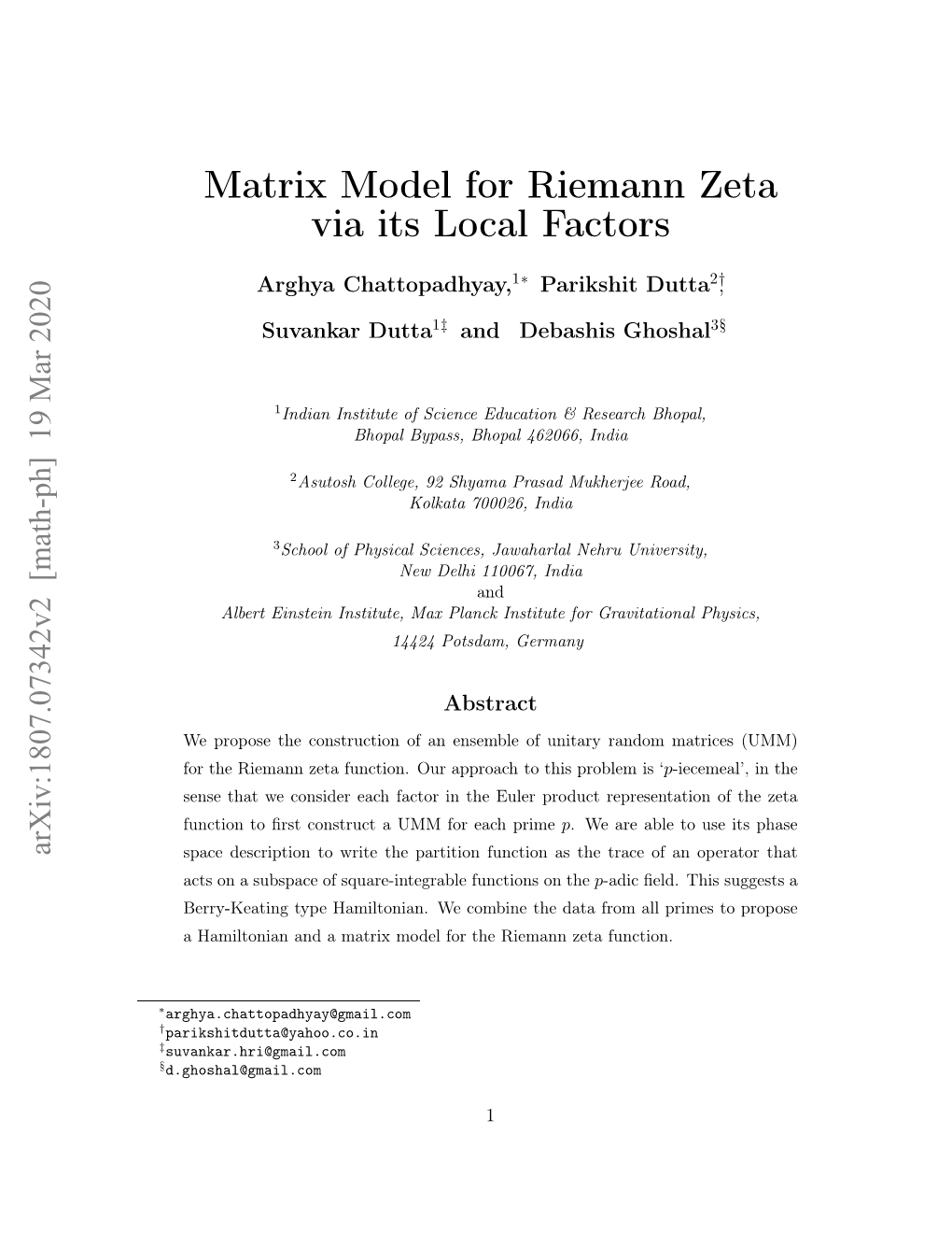 Matrix Model for Riemann Zeta Via Its Local Factors