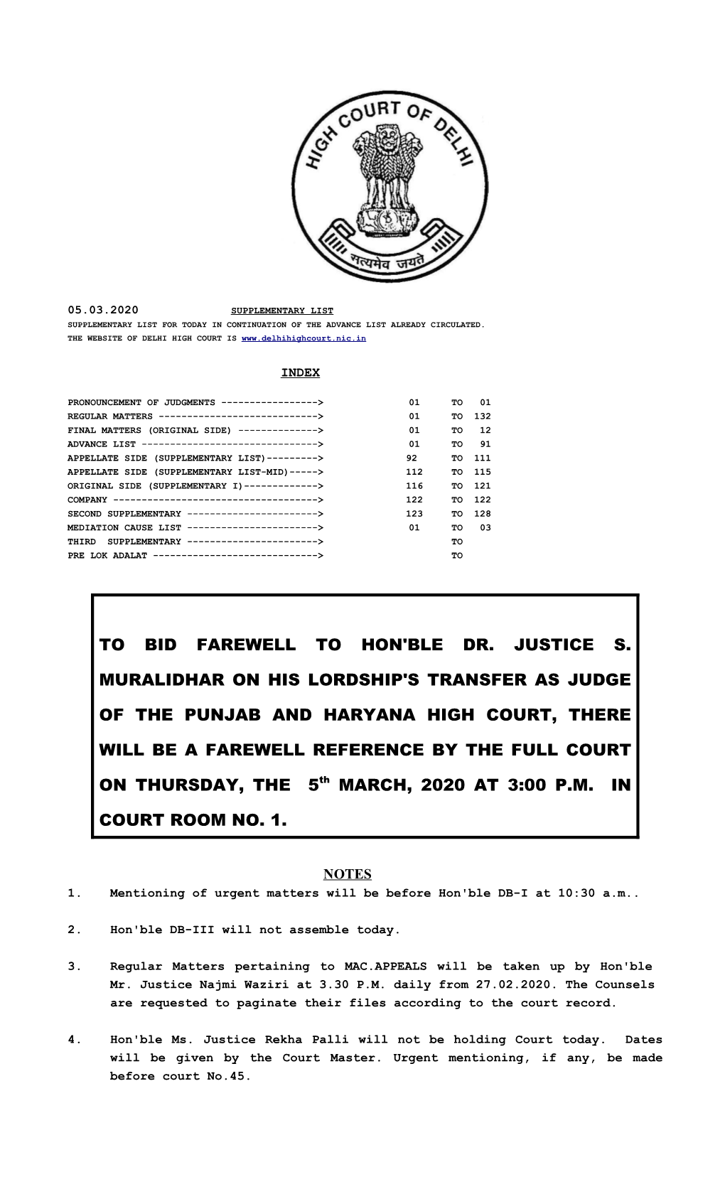 To Bid Farewell to Hon'ble Dr. Justice S. Muralidhar on His