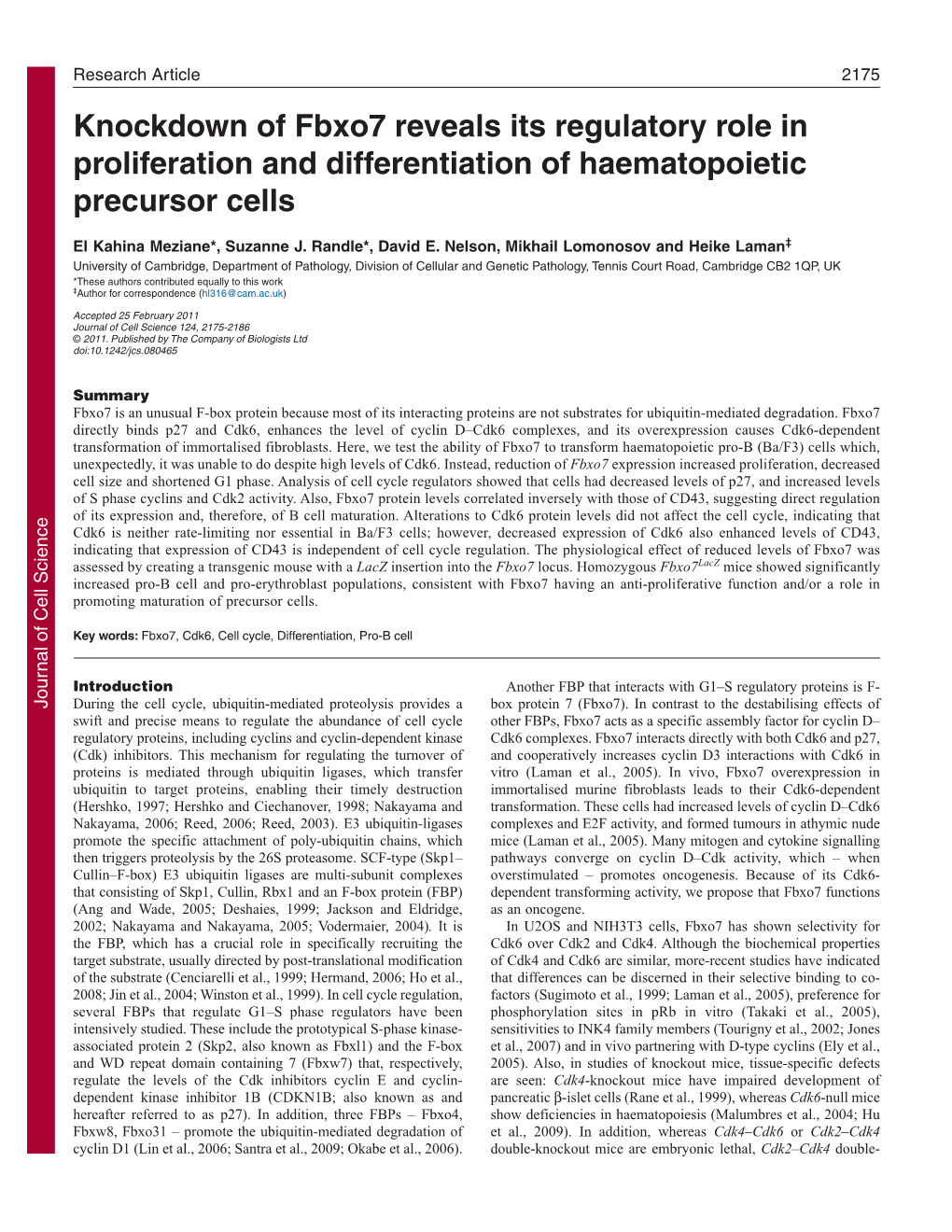 Knockdown of Fbxo7 Reveals Its Regulatory Role in Proliferation and Differentiation of Haematopoietic Precursor Cells