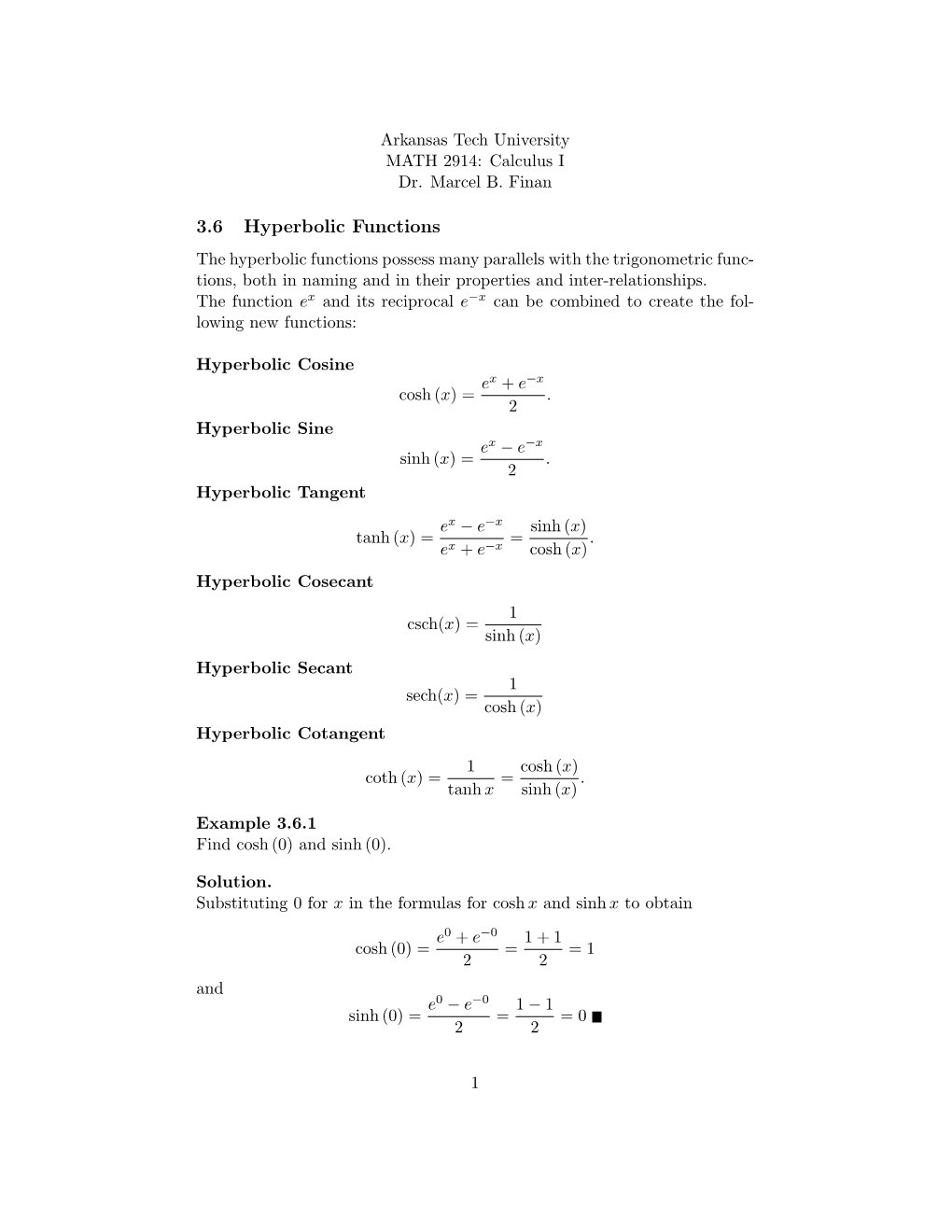 3.6 Hyperbolic Functions