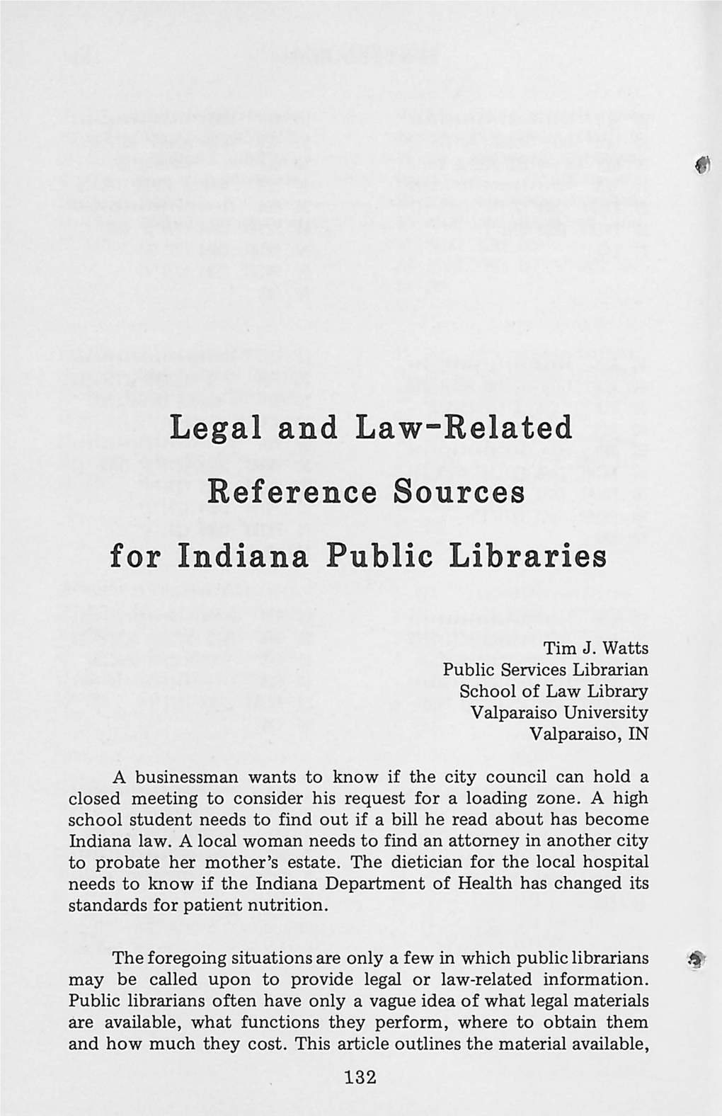 Legal and Law-Related Reference Sources for Indiana Public Libraries