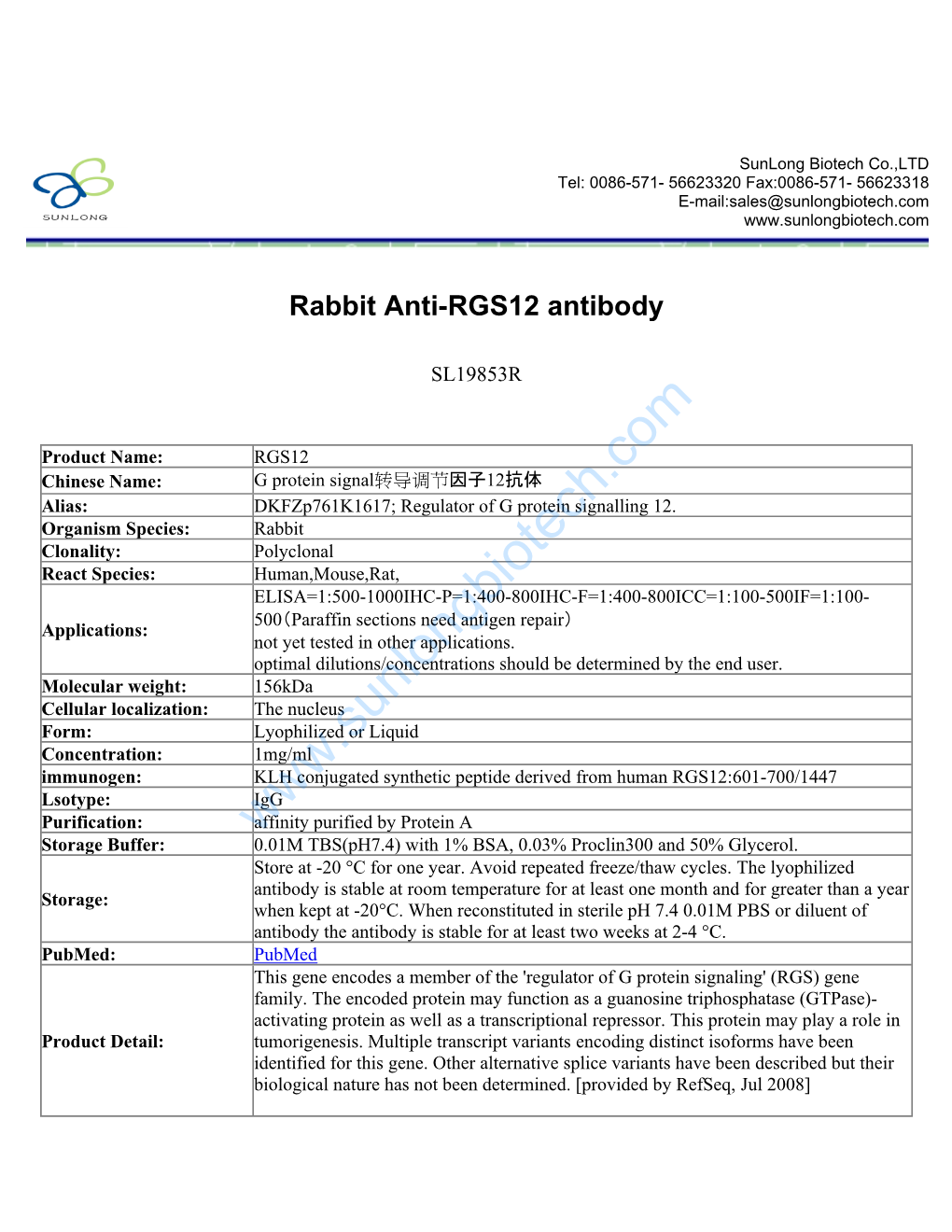 Rabbit Anti-RGS12 Antibody-SL19853R