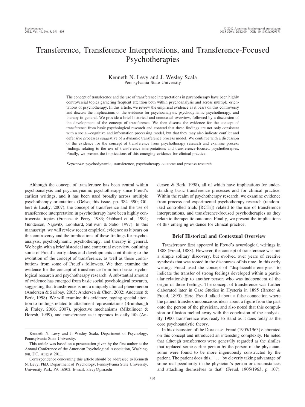 Transference, Transference Interpretations, and Transference-Focused Psychotherapies