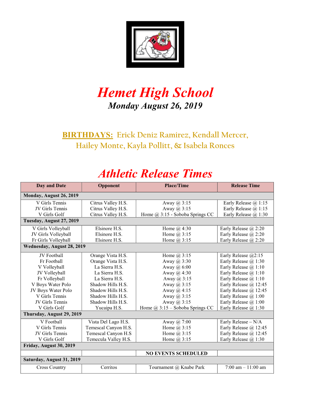 Hemet High School Monday August 26, 2019 BIRTHDAYS