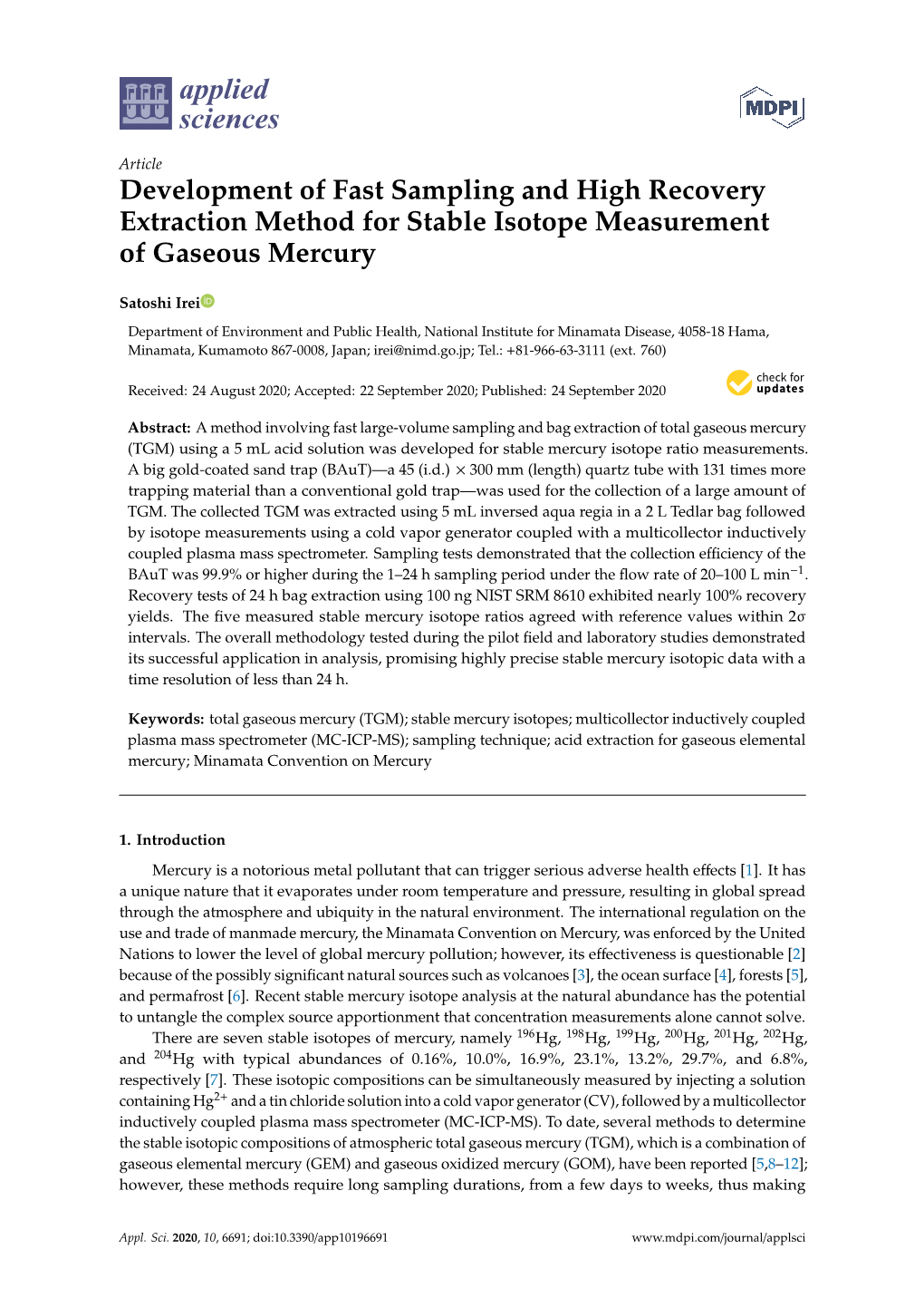 Development of Fast Sampling and High Recovery Extraction Method for Stable Isotope Measurement of Gaseous Mercury