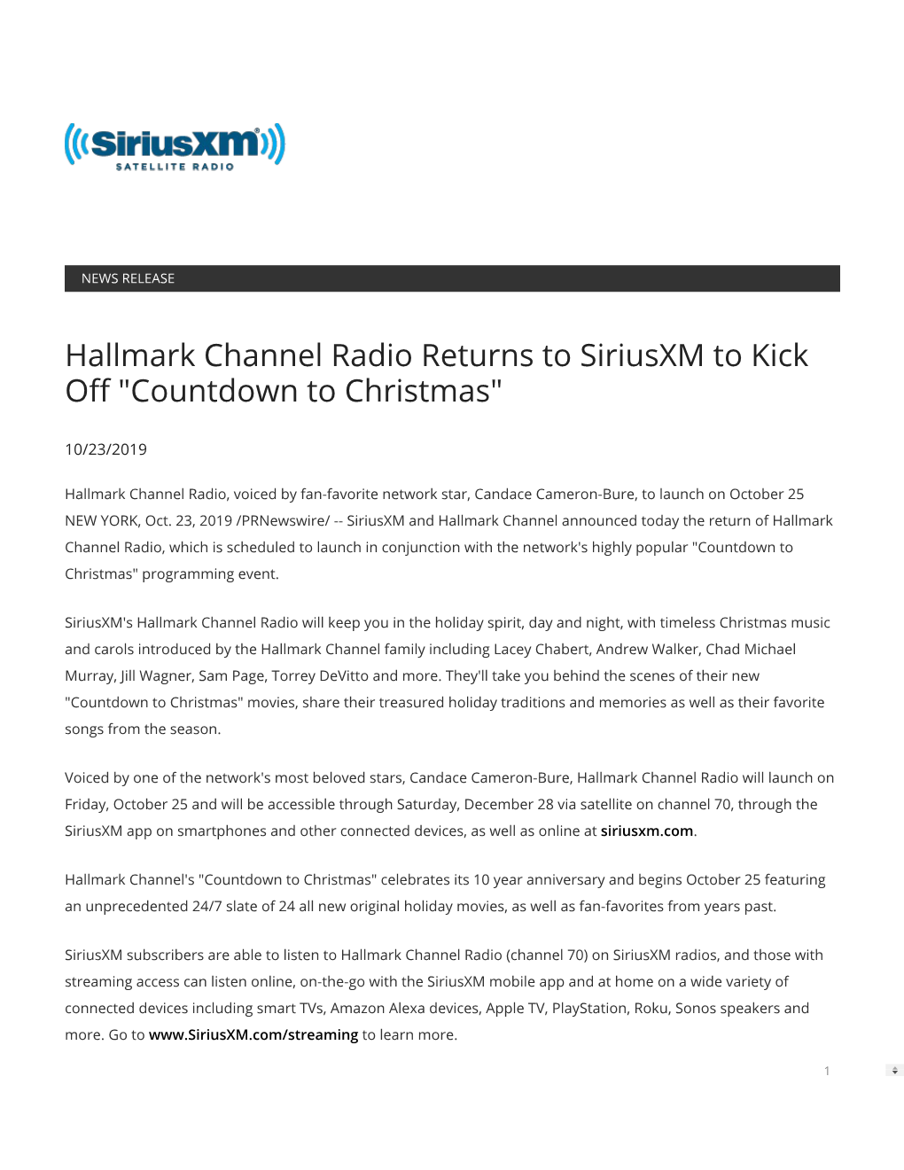 Hallmark Channel Radio Returns to Siriusxm to Kick O "Countdown