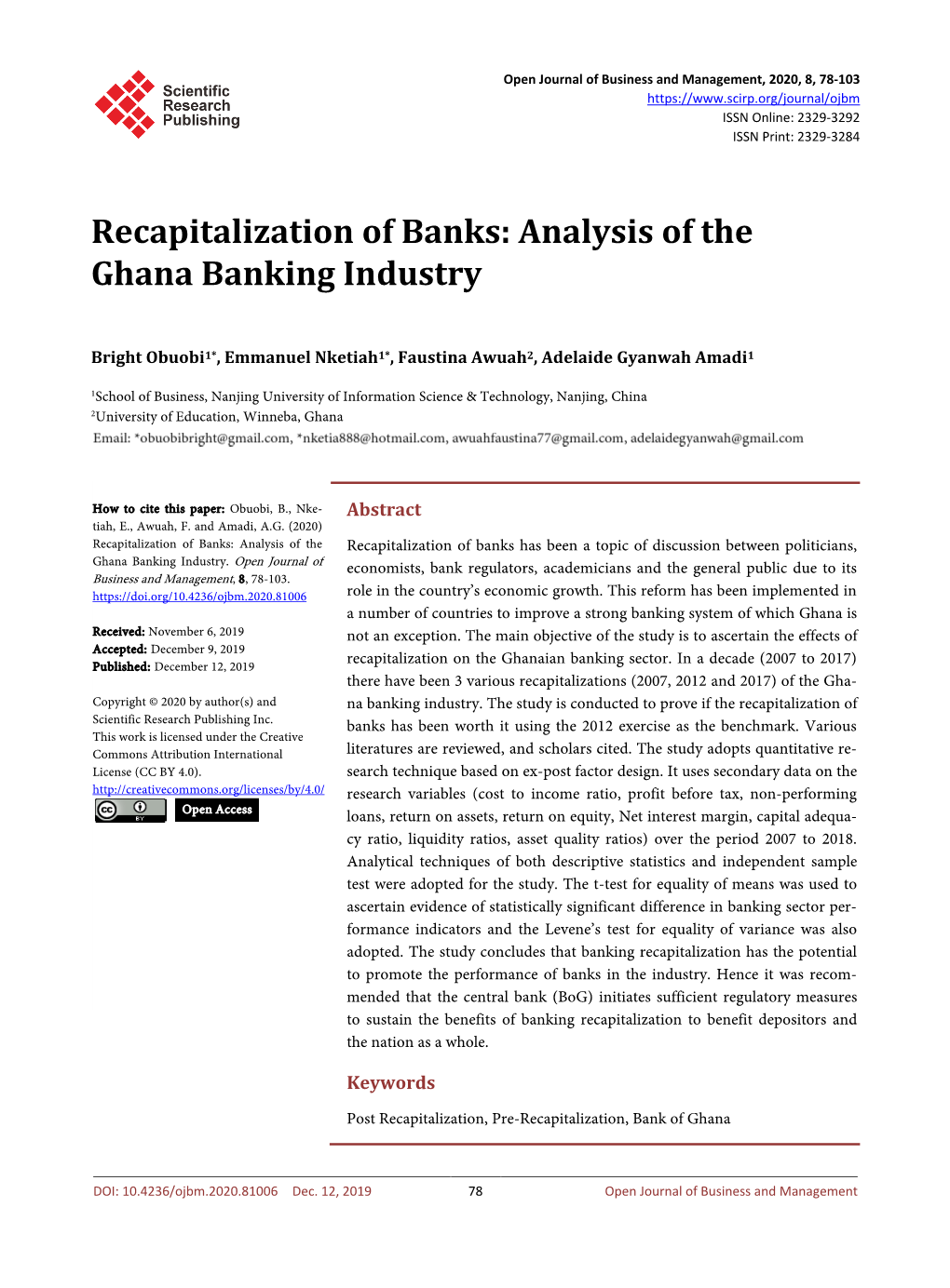 Recapitalization of Banks: Analysis of the Ghana Banking Industry
