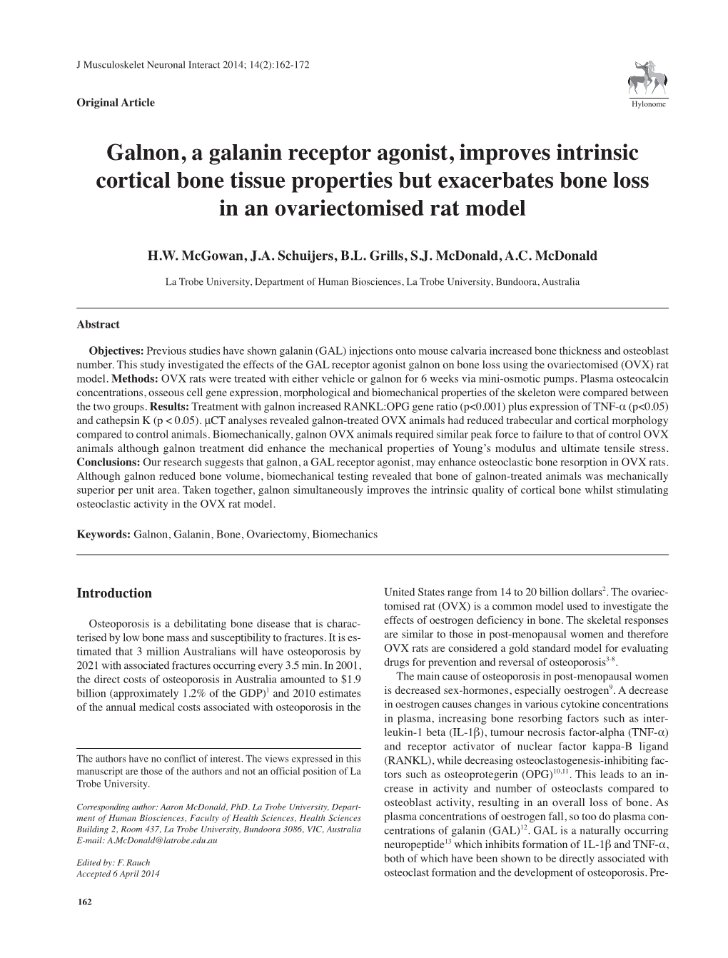 Galnon, a Galanin Receptor Agonist, Improves Intrinsic Cortical Bone Tissue Properties but Exacerbates Bone Loss in an Ovariectomised Rat Model