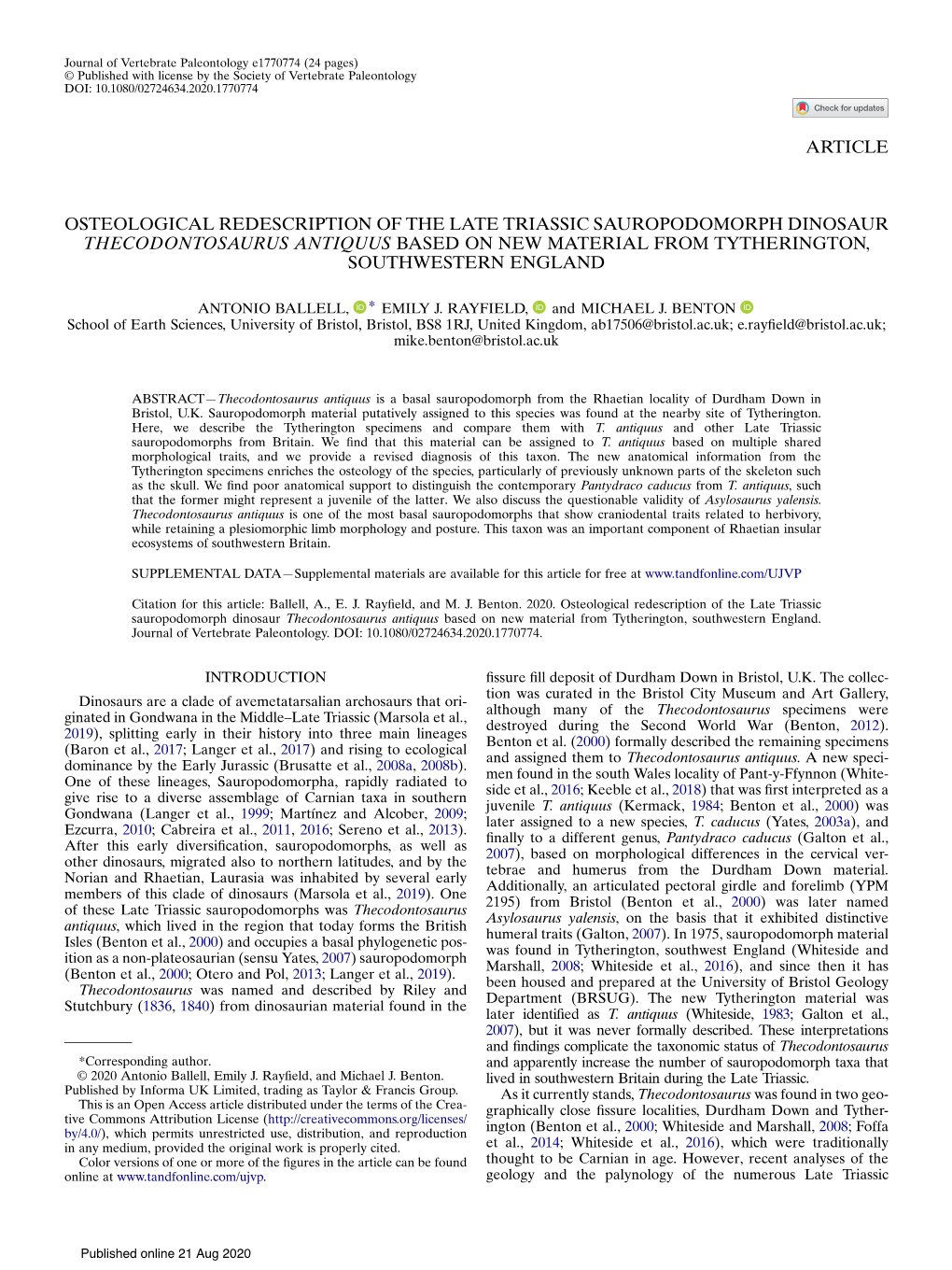 Osteological Redescription of the Late Triassic Sauropodomorph Dinosaur Thecodontosaurus Antiquus Based on New Material from Tytherington, Southwestern England