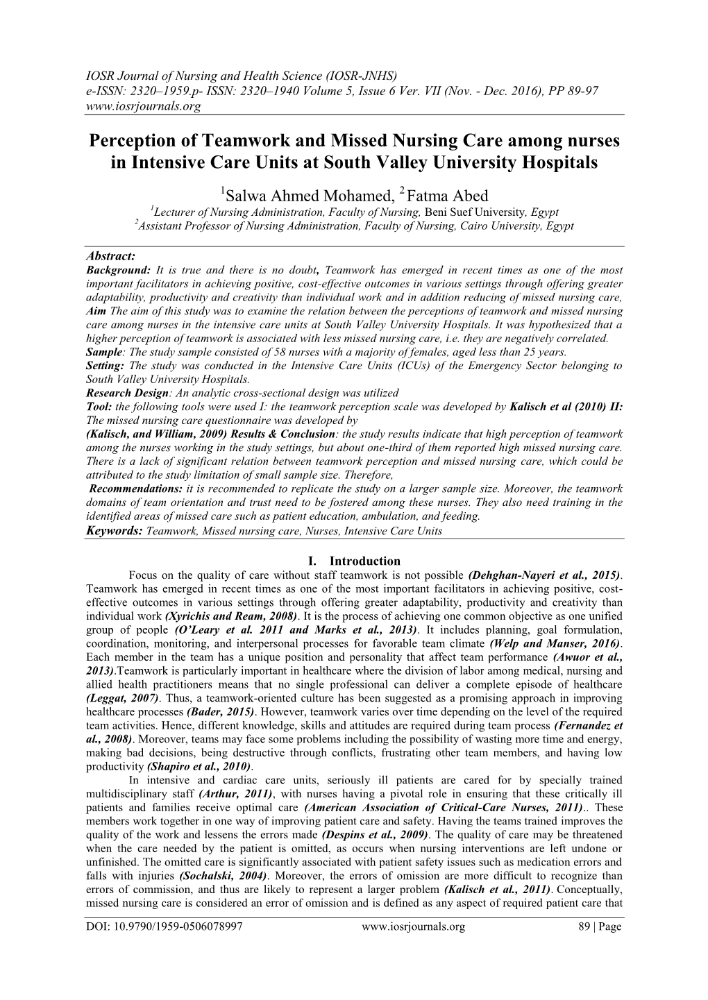 Perception of Teamwork and Missed Nursing Care Among Nurses in Intensive Care Units at South Valley University Hospitals