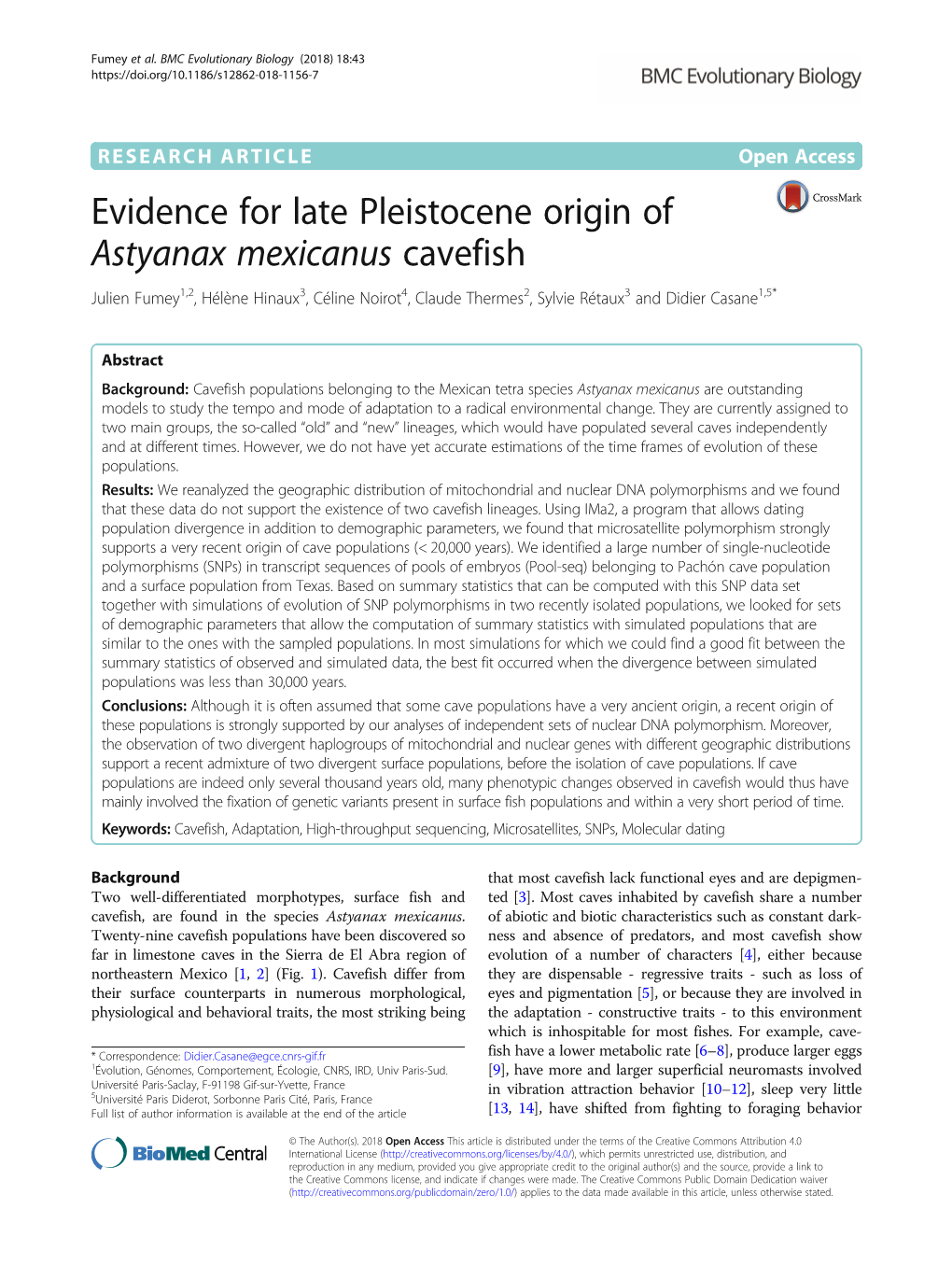 Evidence for Late Pleistocene Origin of Astyanax Mexicanus Cavefish