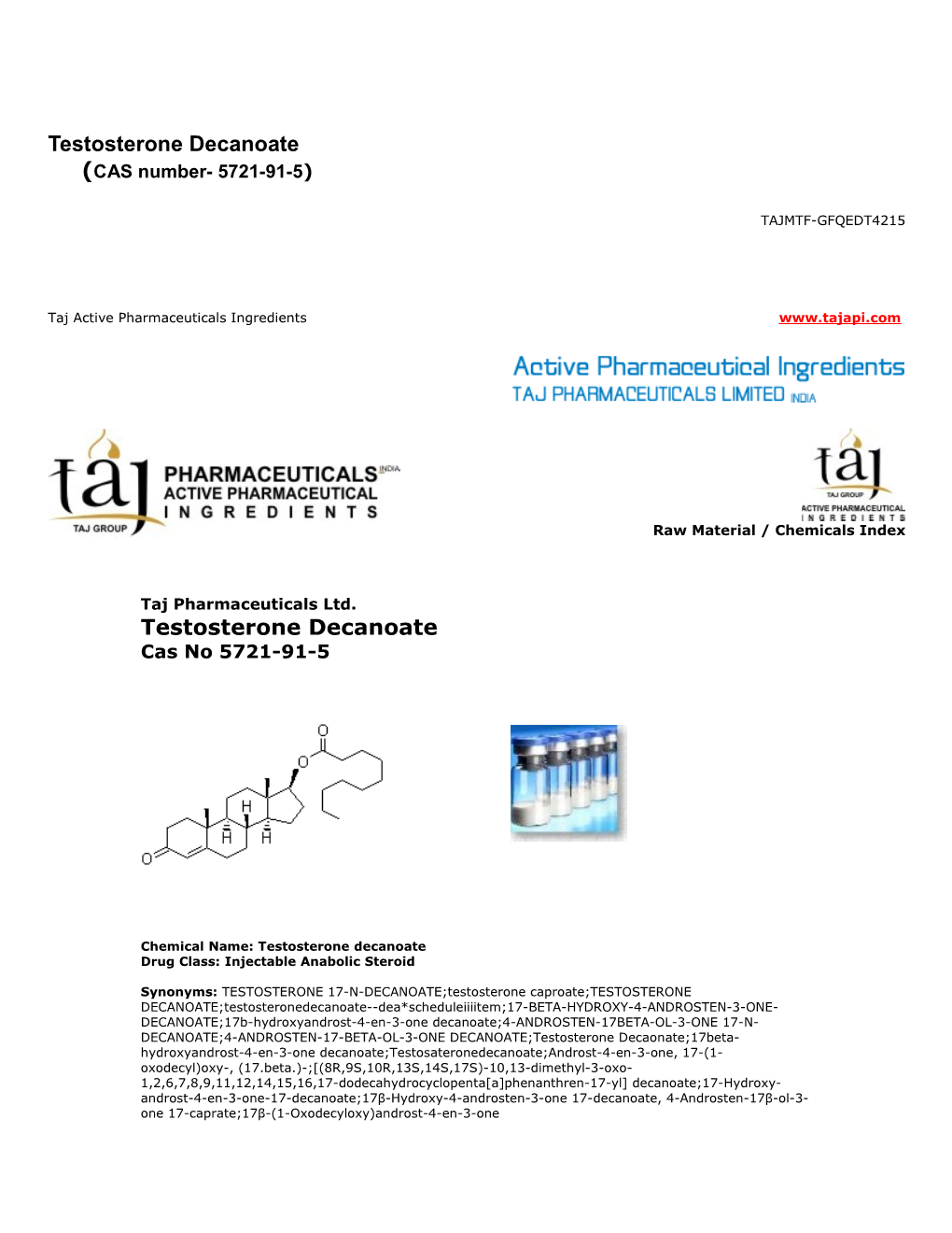 Testosterone Decanoate (CAS Number- 5721-91-5)