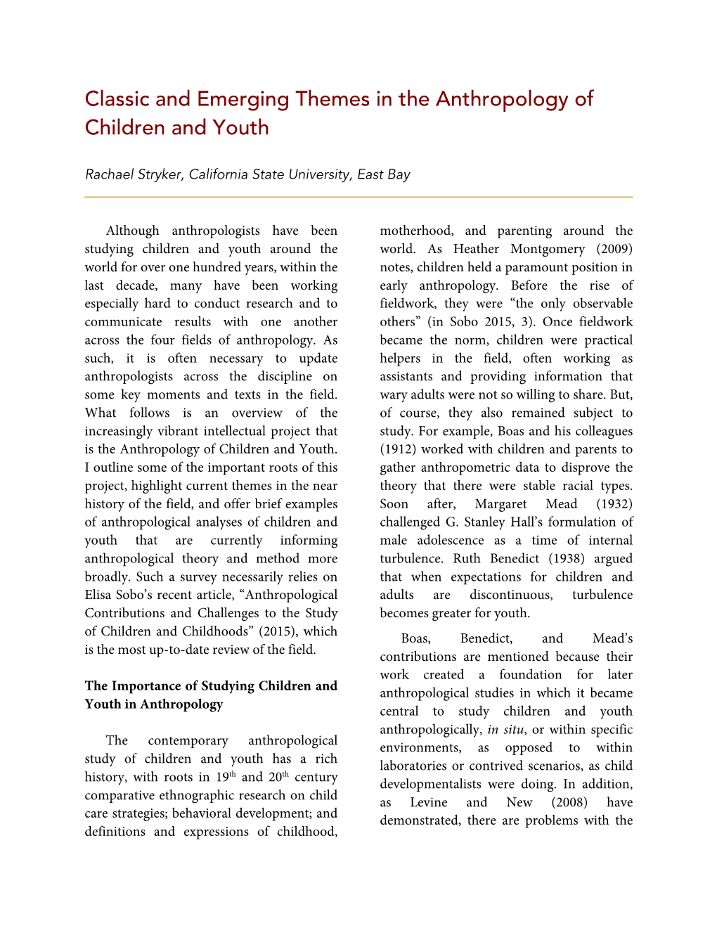 Classic and Emerging Themes in the Anthropology of Children and Youth