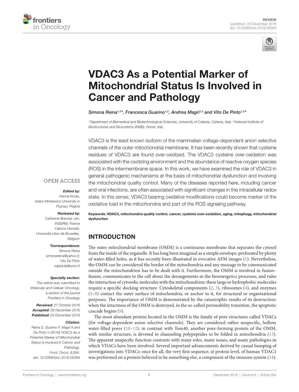 Vdac3 As a Potential Marker of Mitochondrial Status Is Involved in Cancer and Pathology