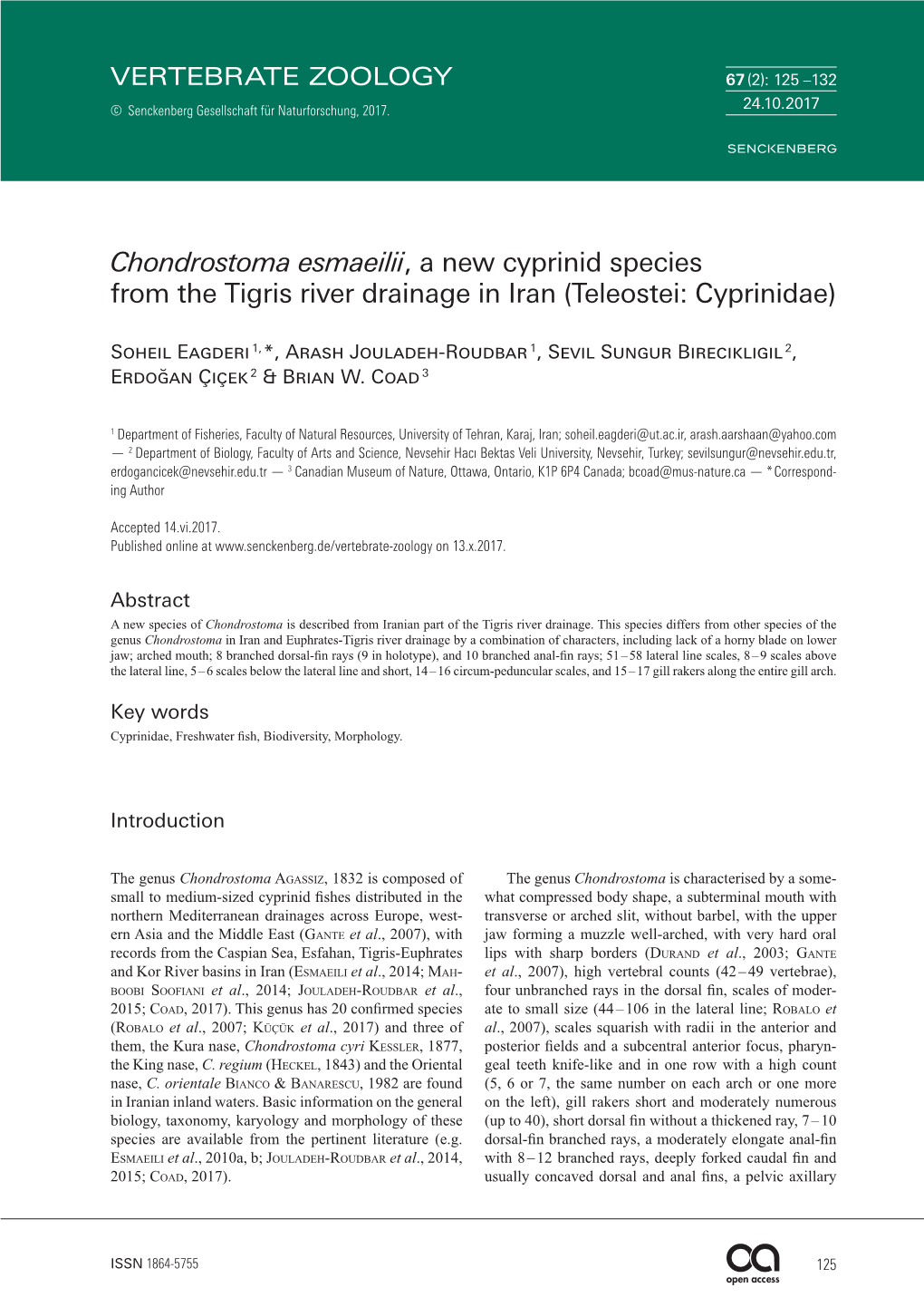 Chondrostoma Esmaeilii, a New Cyprinid Species from the Tigris River Drainage in Iran (Teleostei: Cyprinidae)