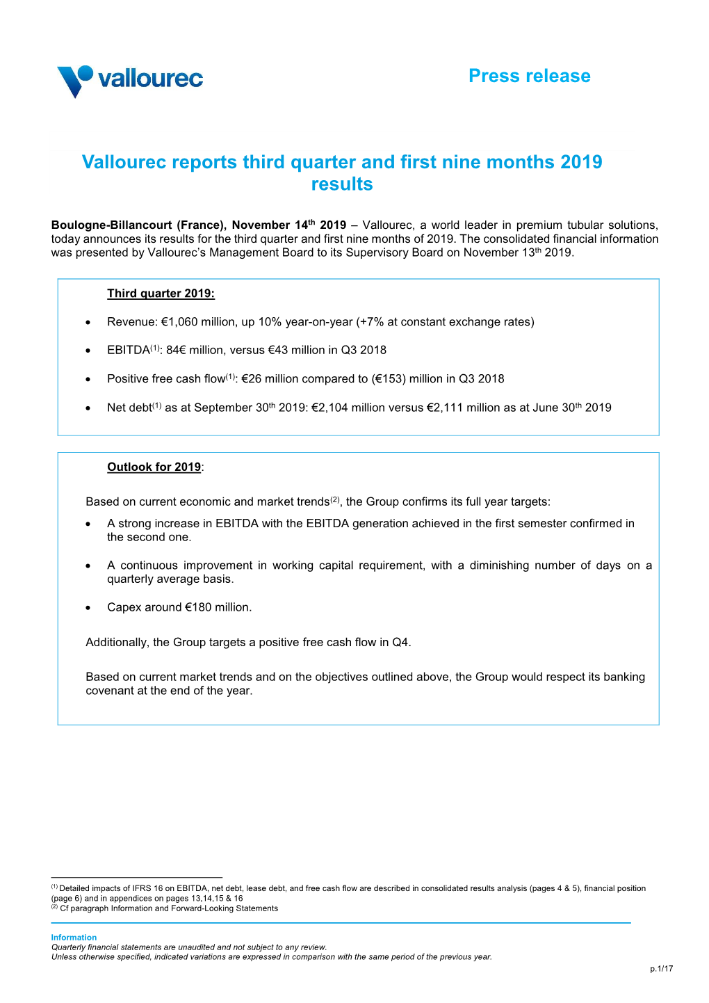 Vallourec Reports Third Quarter and First Nine Months 2019 Results