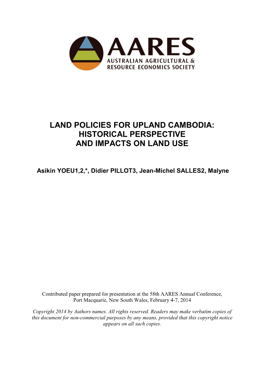 Land Policies for Upland Cambodia: Historical Perspective and Impacts on Land Use